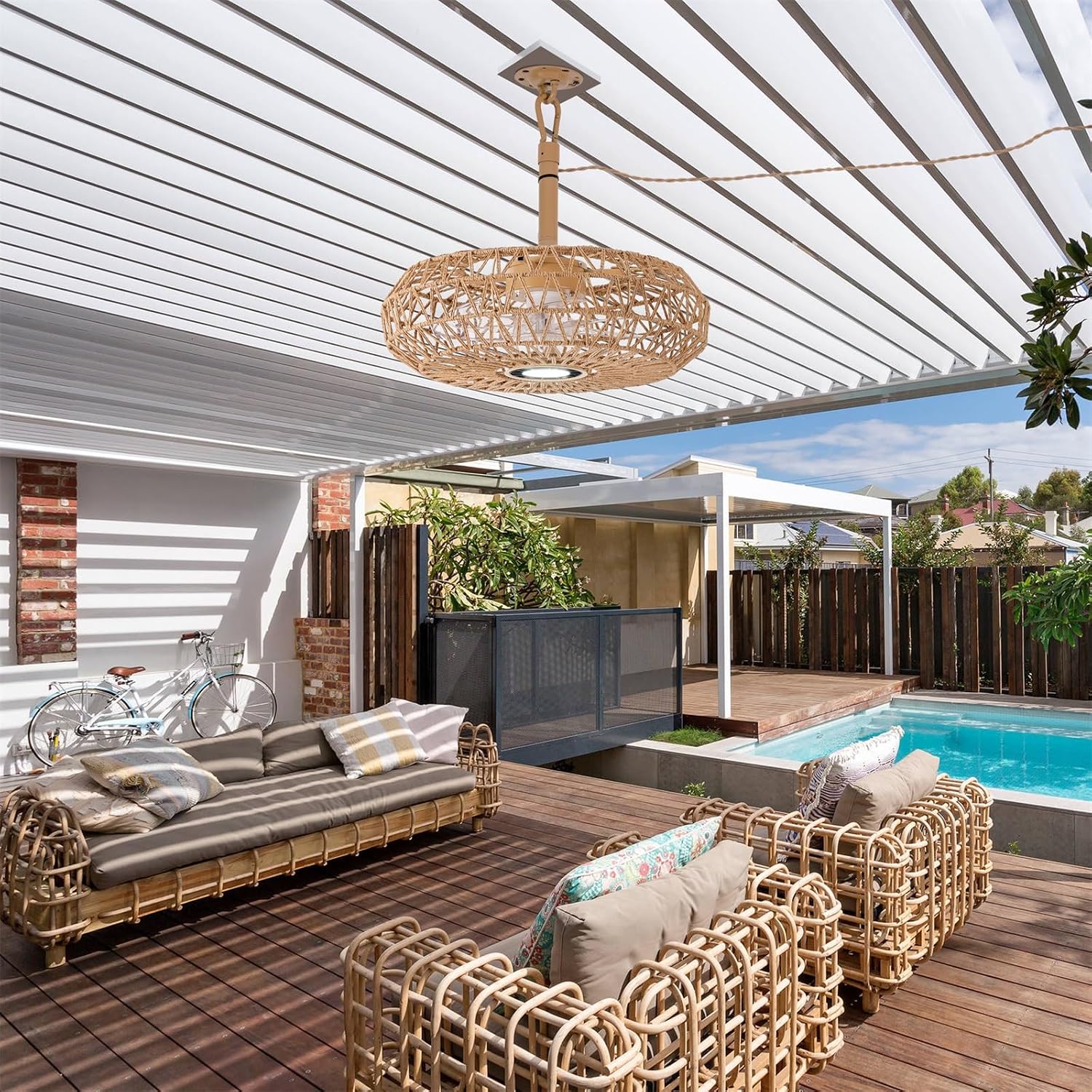 She's home 20'' Outdoor Gazebo Fan with Lights and Remote, Outside/Indoor Hanging Rattan Ceiling Fan, 3CCT Dimmable, 6-Speed DC Motor, Plug-in Wicker Woven Caged Ceiling Fans for Patio Pergola Porch