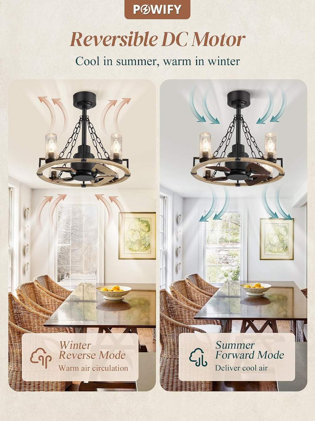 Wagon Wheel Rustic Chandelier Ceiling Fan with Light, 20 inch Farmhouse Caged Ceiling Fans, Quiet Reversible Motor, Dual Finish Blades, Wood Bladeless Fan Lights Ceiling Fixtures for Bedroom Kitchen