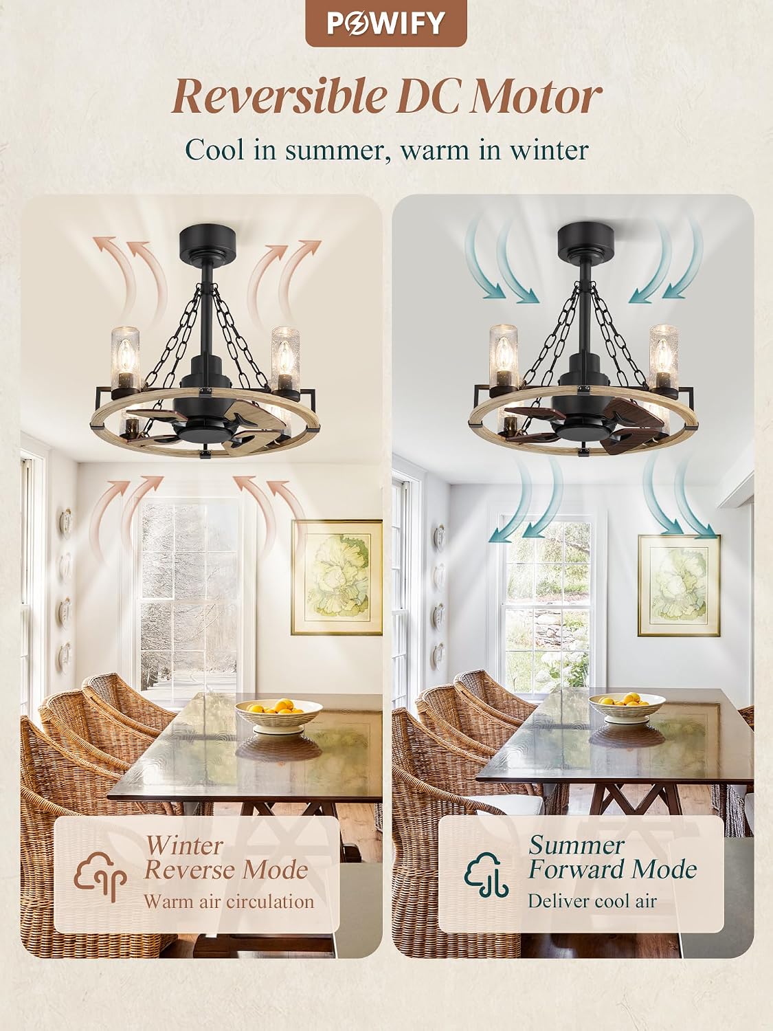 Wagon Wheel Rustic Chandelier Ceiling Fan with Light, 20 inch Farmhouse Caged Ceiling Fans, Quiet Reversible Motor, Dual Finish Blades, Wood Bladeless Fan Lights Ceiling Fixtures for Bedroom Kitchen