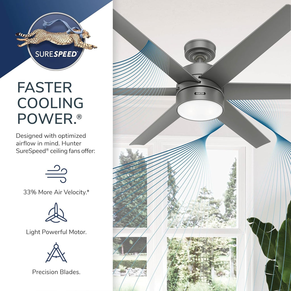 Hunter 60 inch Outdoor or Indoor Ceiling Fan with LED Light - Ceiling Fan with Wall Control, For Patio, Garage, or Porch, Quiet, Standard Mount, 6 Blades - Solaria 59625, Matte Silver