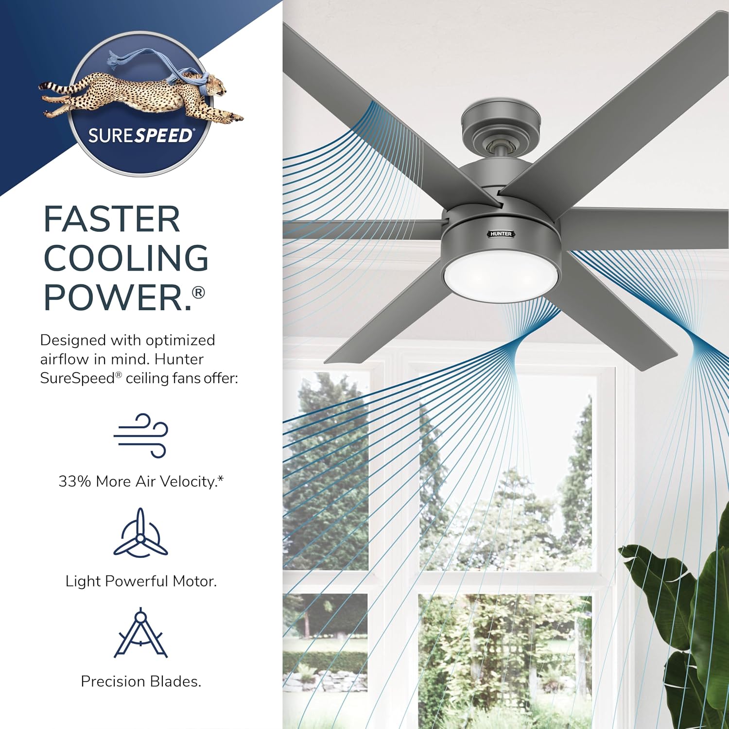 Hunter 60 inch Outdoor or Indoor Ceiling Fan with LED Light - Ceiling Fan with Wall Control, For Patio, Garage, or Porch, Quiet, Standard Mount, 6 Blades - Solaria 59625, Matte Silver