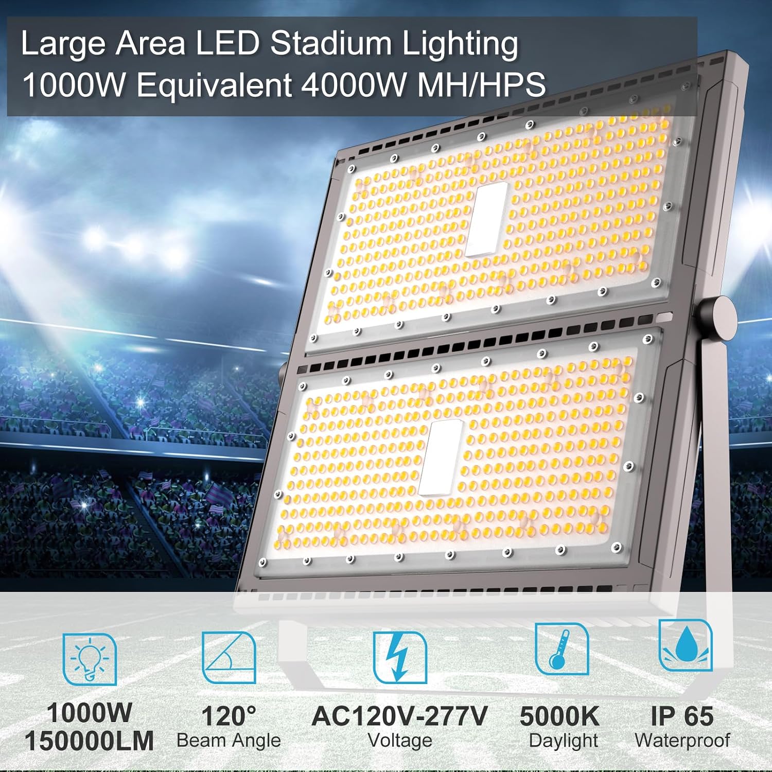 Upgrade 1000W LED Flood Light Outdoor 150000Lm Led Stadium Light with Adjustable Bracket, IP65 AC100-277V Commercial Area Lighting with Plug for Backyard/Basketball Court