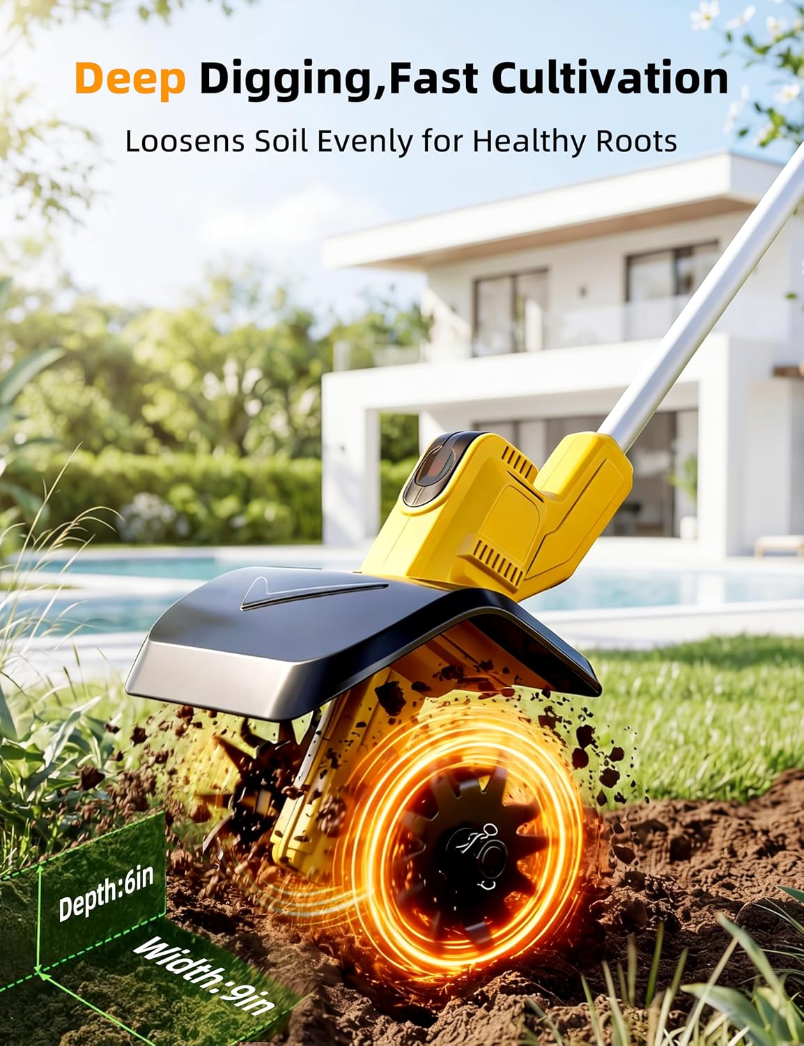 Cordless Tiller Cultivator/ Trencher 2-IN-1, Electric Mini Tiller Lawn Edger w/ 2*4.0Ah Battery, 9' Width, 6' Depth, 48 Steel Tines Rototiller for Garden, Soil, Weeding, Compatible with Dewalt Battery