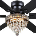 Asyko Chandelier Ceiling Fan -52' Crystal Ceiling Fan- Fandelier Fan Light Black with Remote, Silent Reversible Motor, Dual-Sided 6 Blades, 3 Speed, Timer, Indoor Fan Ceiling