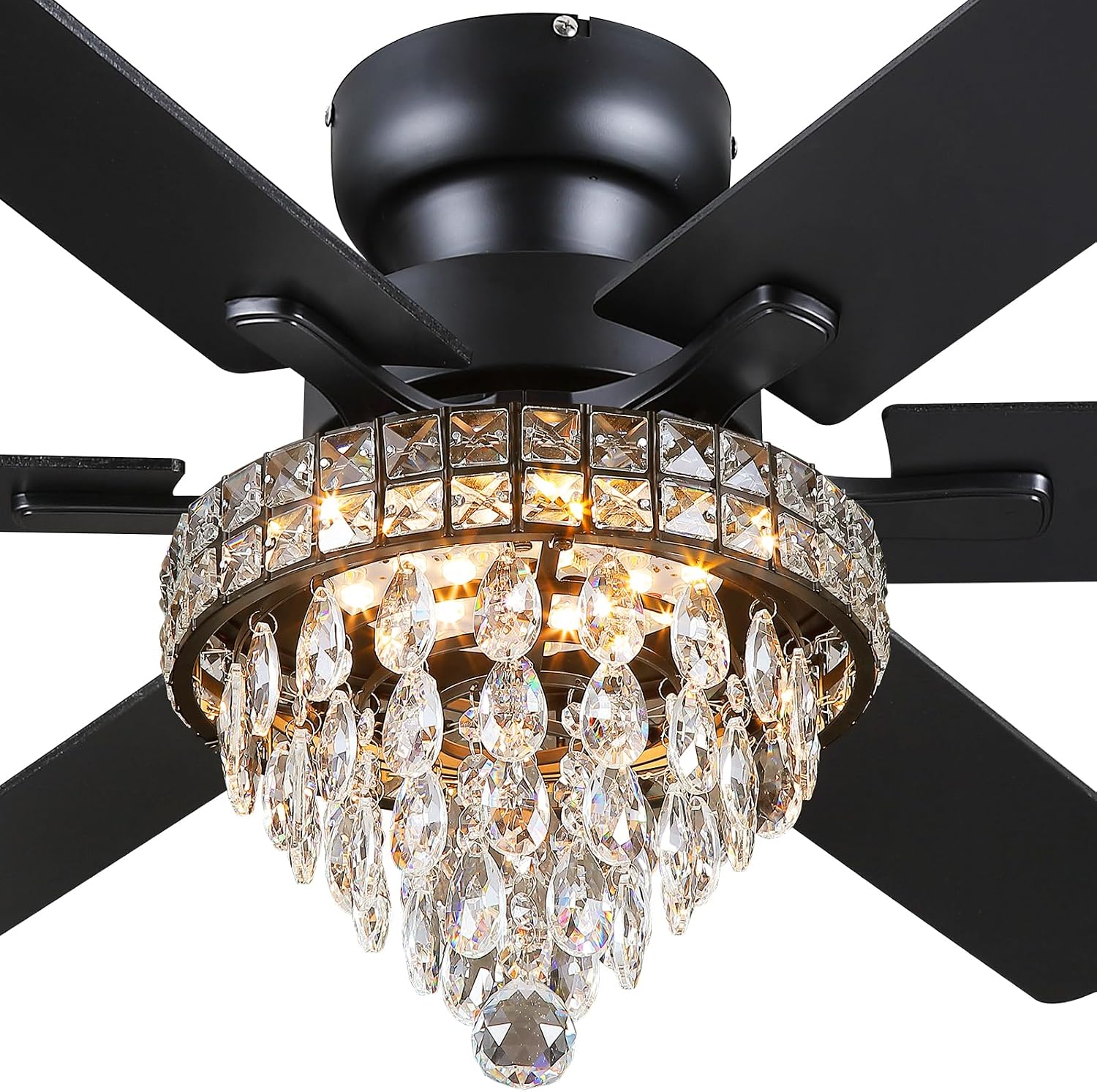 Asyko Chandelier Ceiling Fan -52' Crystal Ceiling Fan- Fandelier Fan Light Black with Remote, Silent Reversible Motor, Dual-Sided 6 Blades, 3 Speed, Timer, Indoor Fan Ceiling