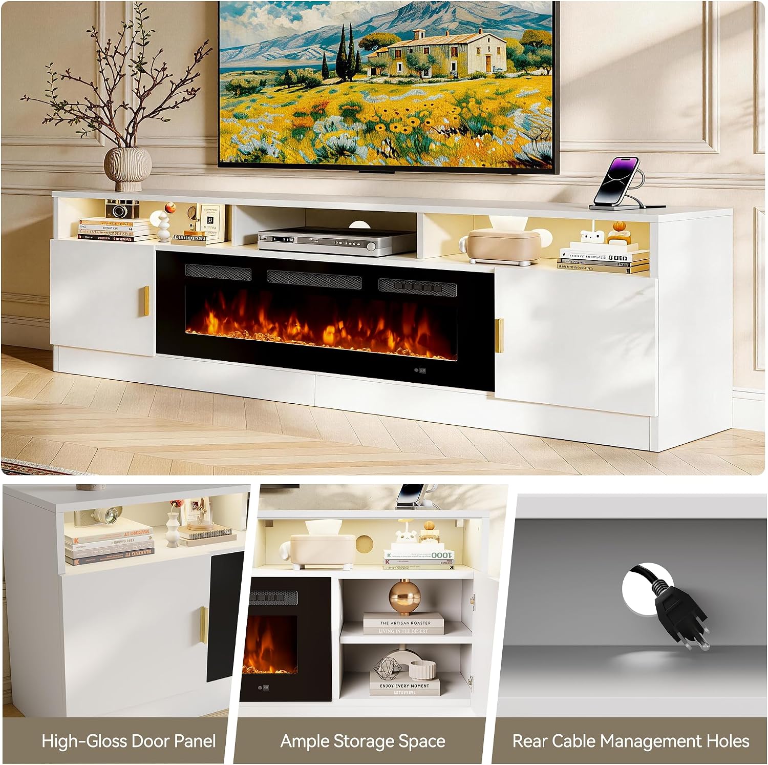 80' Fireplace TV Stand with Power Outlet, Electric Fireplace Entertainment Center with Storage Cabinets, Fits TVs up to 90', TV Console with LED Lights for Living Room, Office, White-Black