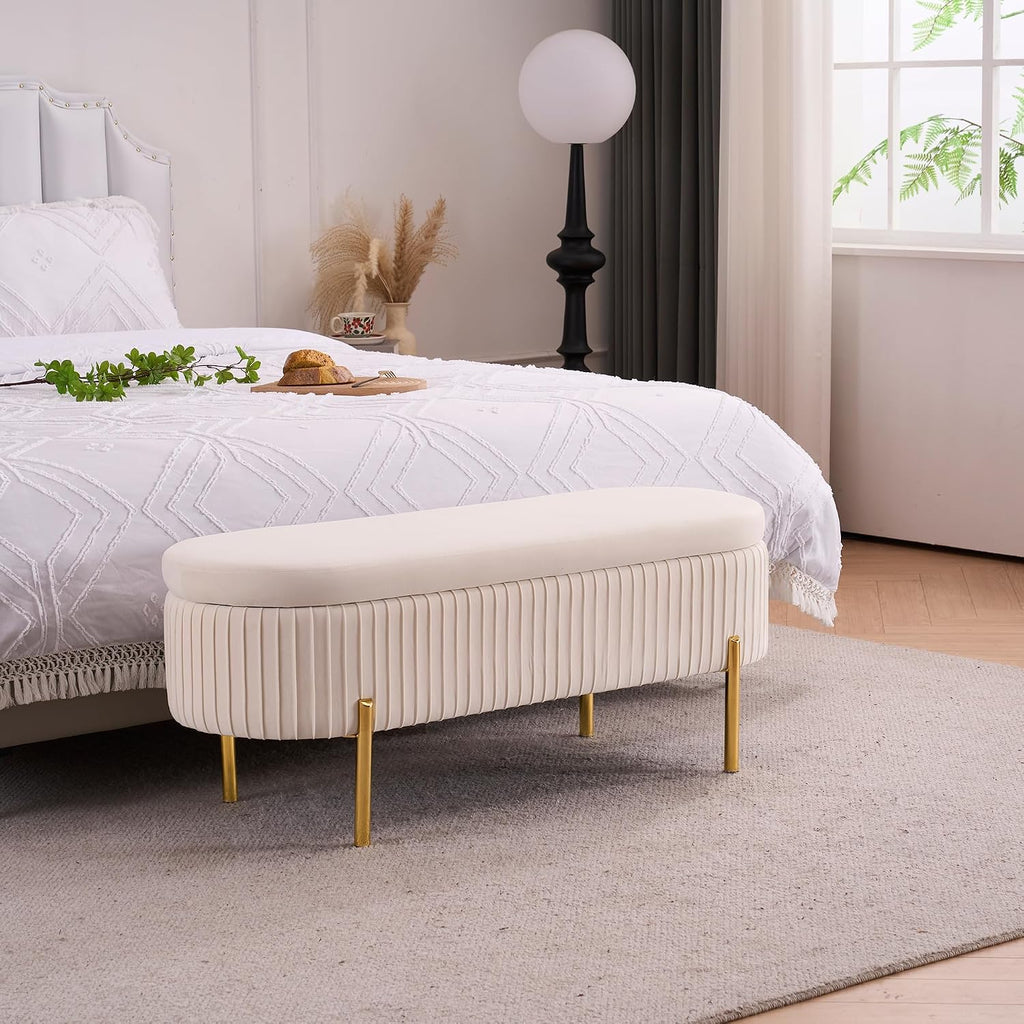 Velvet Storage Bench for Bedroom Upholstered End of Bed Bench Modern Ottoman with Gold Legs for Living Room/Window/Entryway (Ivory White, Oval-45.5' W)