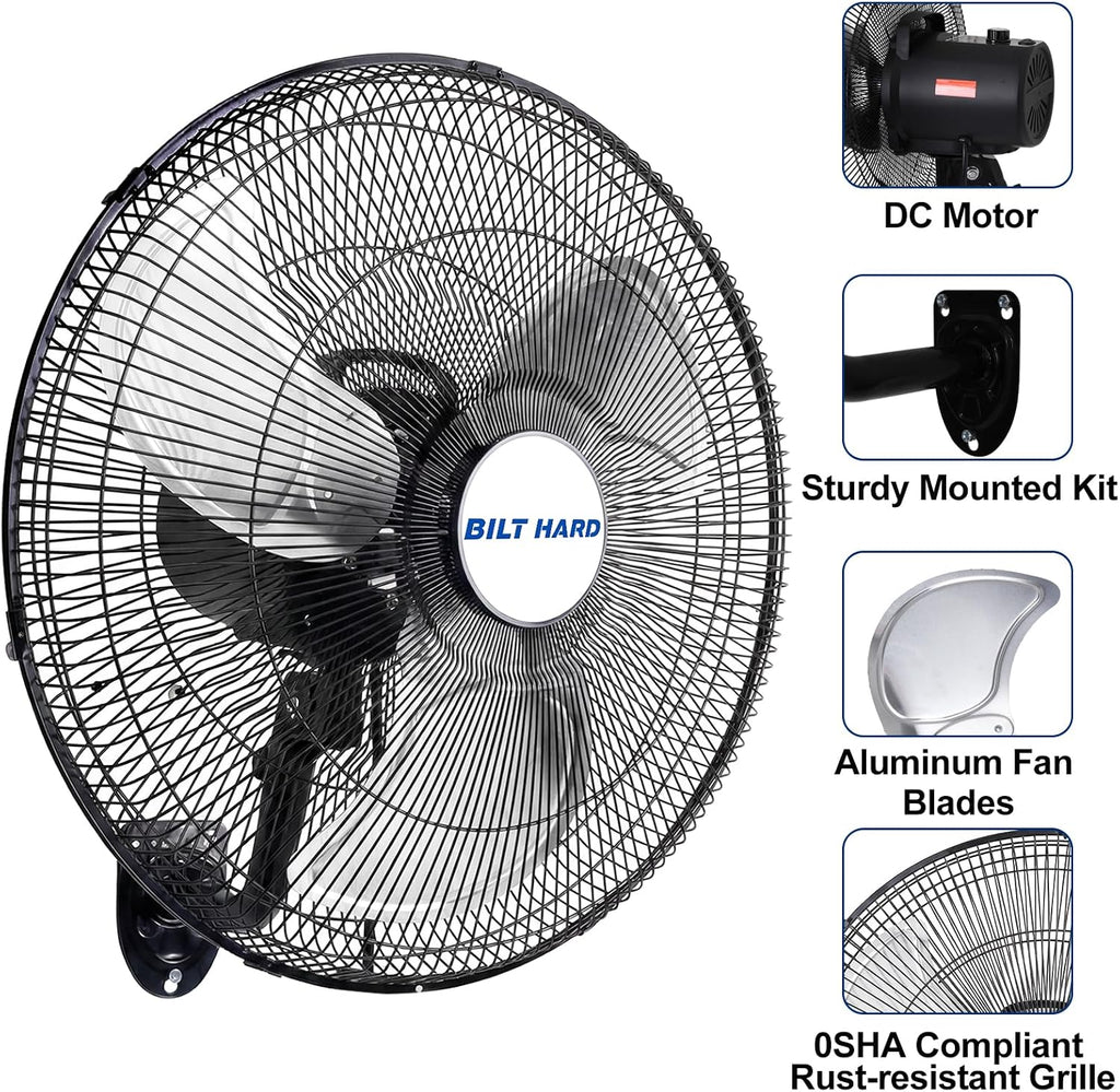 BILT HARD 20' 5200 CFM Wall Mounted Fan with Remote Control, 9-Speed Oscillating Wall Fan with DC Motor, High Velocity Whisper-Quiet Industrial Shop Fan for Garage, Warehouse