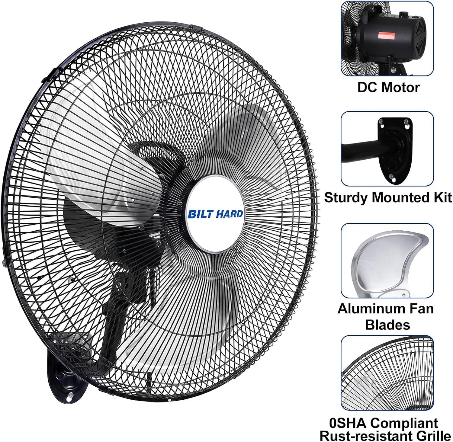 BILT HARD 20' 5200 CFM Wall Mounted Fan with Remote Control, 9-Speed Oscillating Wall Fan with DC Motor, High Velocity Whisper-Quiet Industrial Shop Fan for Garage, Warehouse