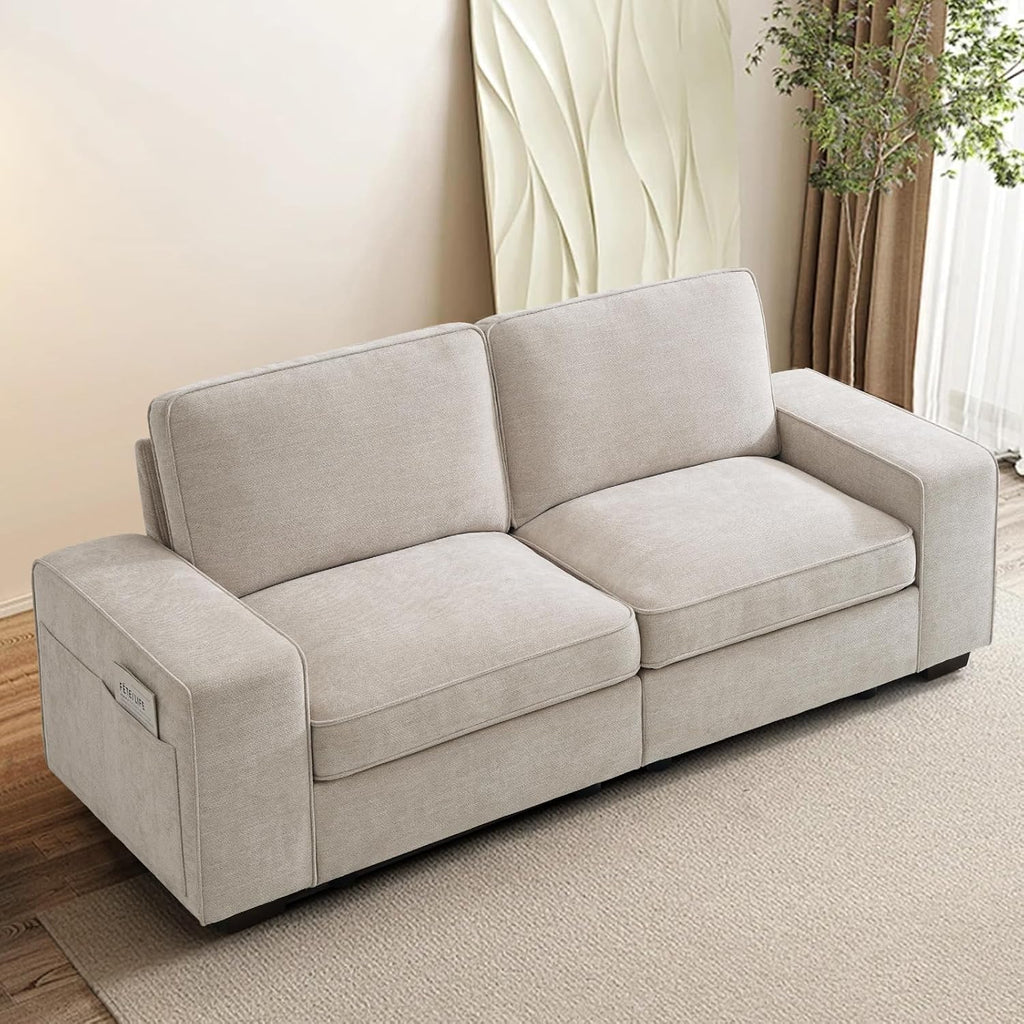 TEKAMON 73' Loveseat Sofa with Seat Storage, 2-Seater Modular Sofa Couch for Living Room, Chenille Fabric, Solid Wood Frame, Spring Cushions, USB Charging, Removable Covers, Side Pockets, Beige