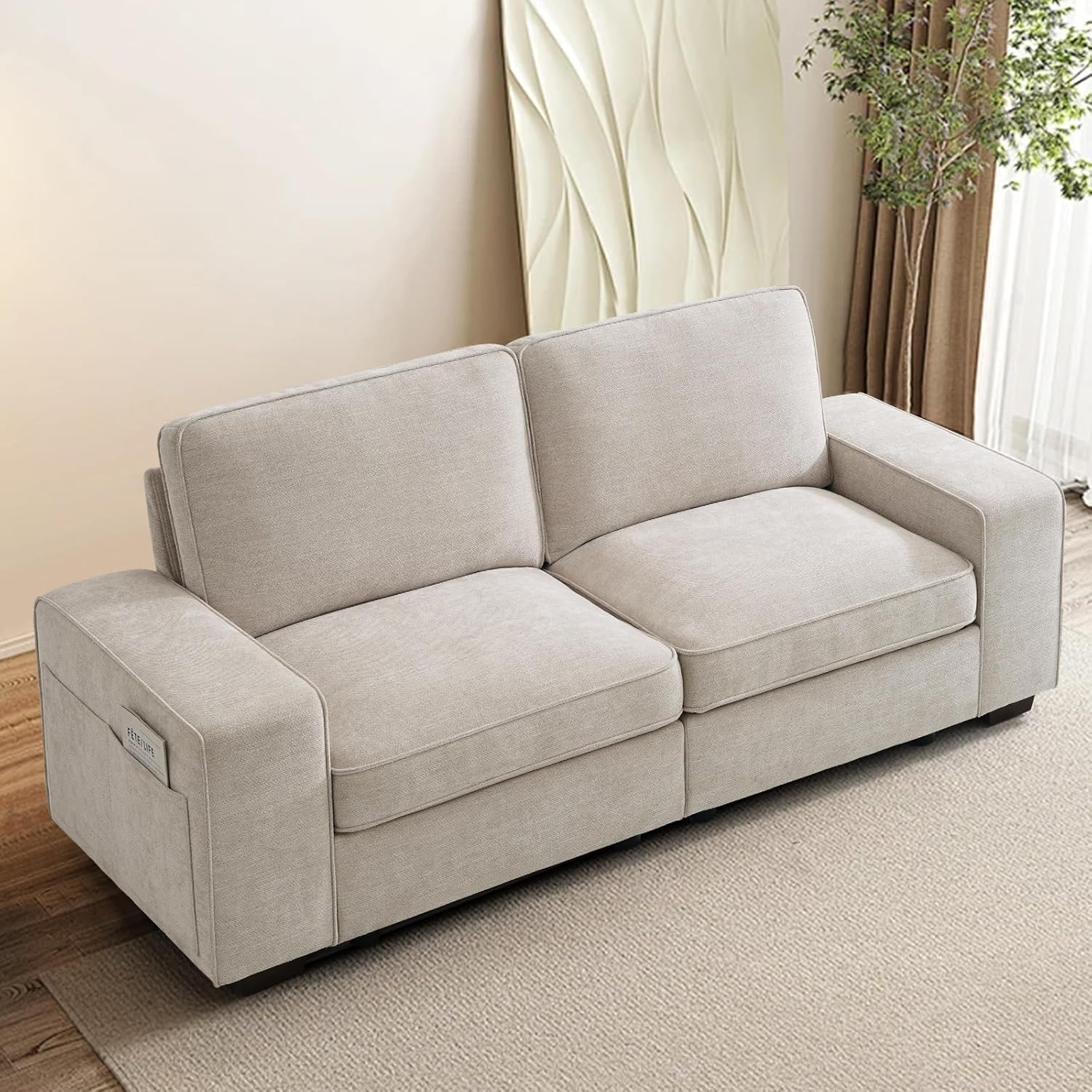 TEKAMON 73' Loveseat Sofa with Seat Storage, 2-Seater Modular Sofa Couch for Living Room, Chenille Fabric, Solid Wood Frame, Spring Cushions, USB Charging, Removable Covers, Side Pockets, Beige
