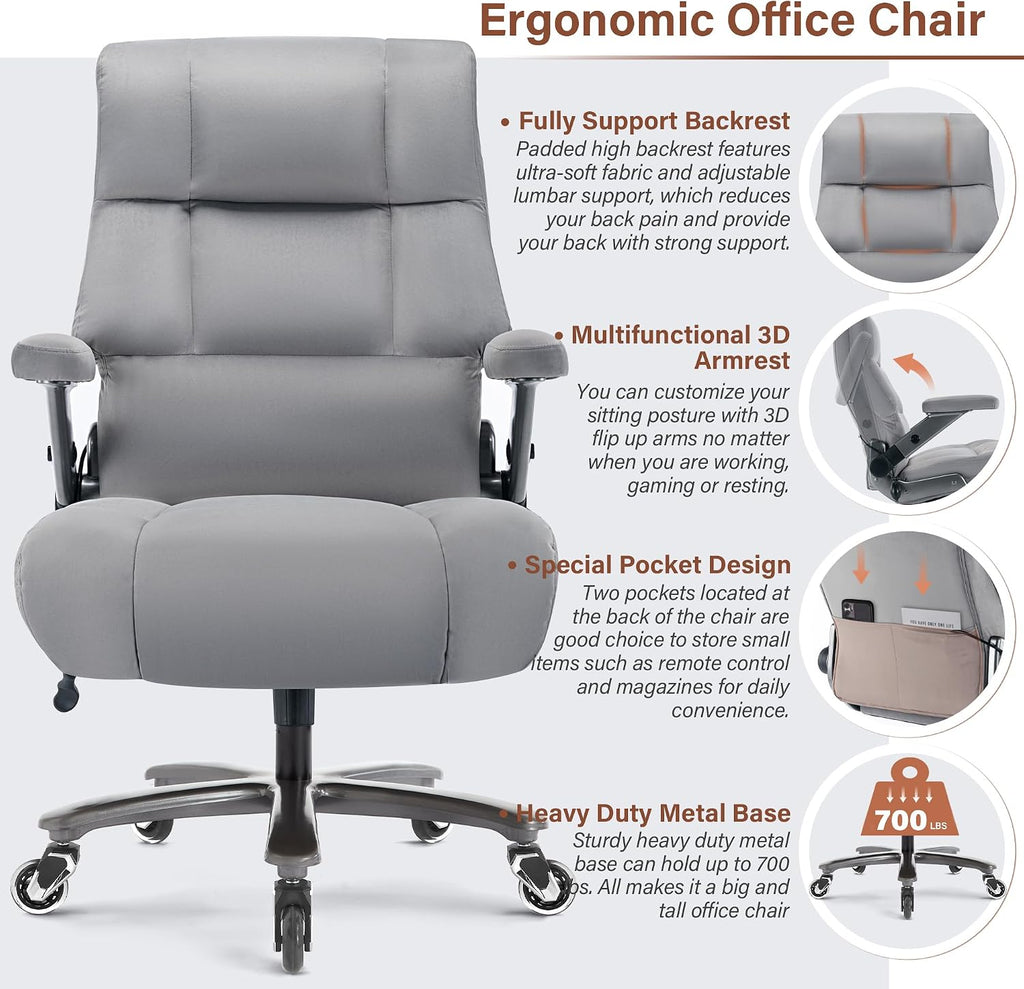 Big and Tall Office Chair 700lbs- Fabric Executive Desk Chair with Adjustable Lumbar Support 3D Flip UP Arms- Heavy Duty Quiet Wheels Metal Base Ultra-Soft Upholstered Ergonomic Computer Chairs, Grey