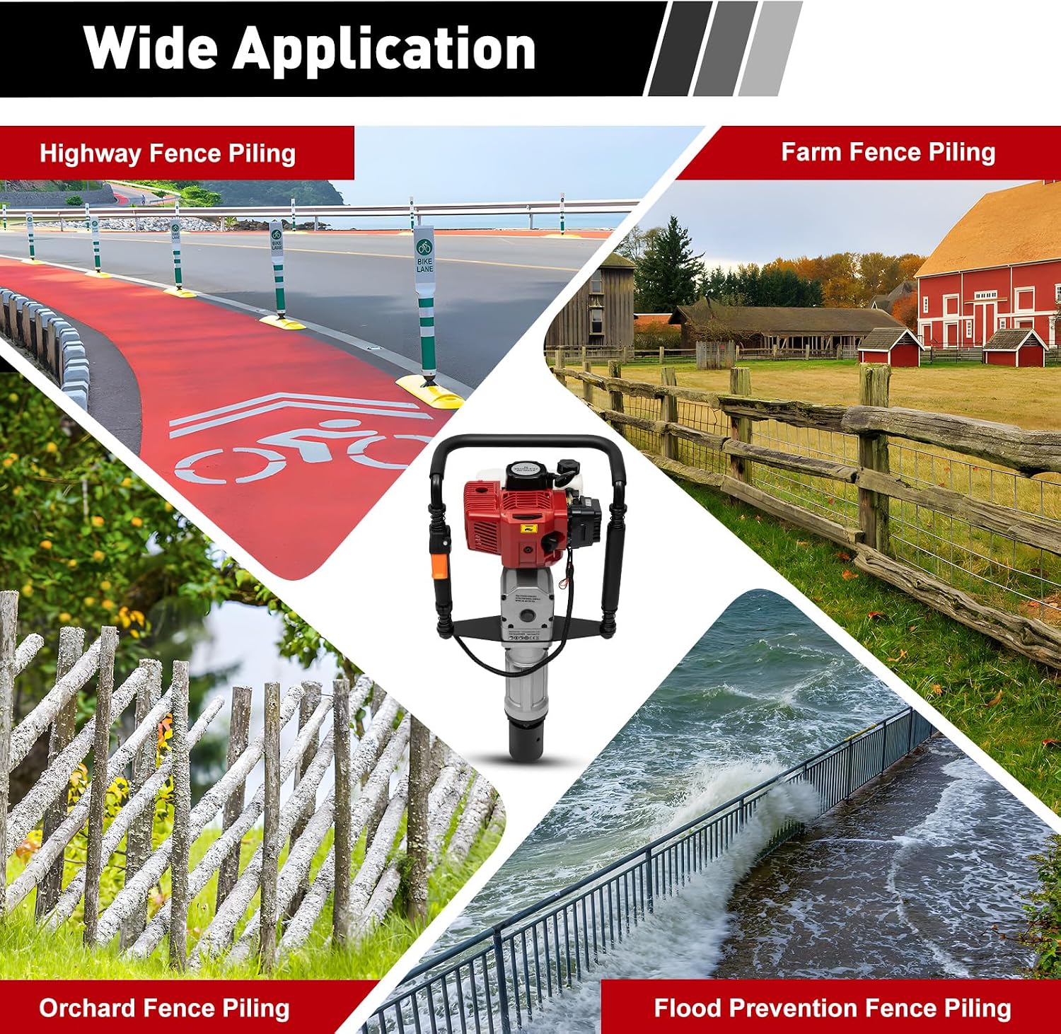 52CC 2 Stroke Gas Powered T-Post Driver, 1900W Gas Post Pounder Pile Driver, Single Cylinder Air Cooled Fence Post Driver Hammer with Hand Pull Start & 0.26 Gal Fuel Tank for Gardening Road Fencing