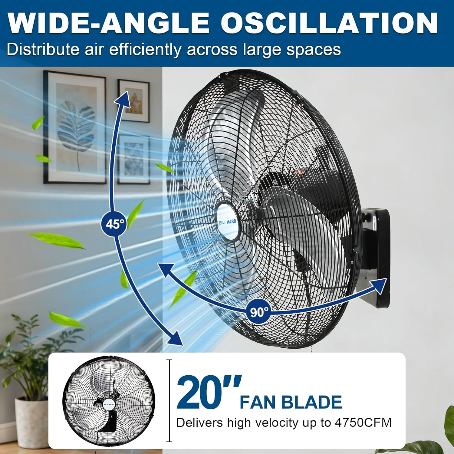 BILT HARD 20 in. Wall Mounted Outdoor Fan with 4750 CFM, 3-Speed Heavy Duty Industrial Outdoor Weatherproof Fan for Commercial, Garage, Patio and Gazebo