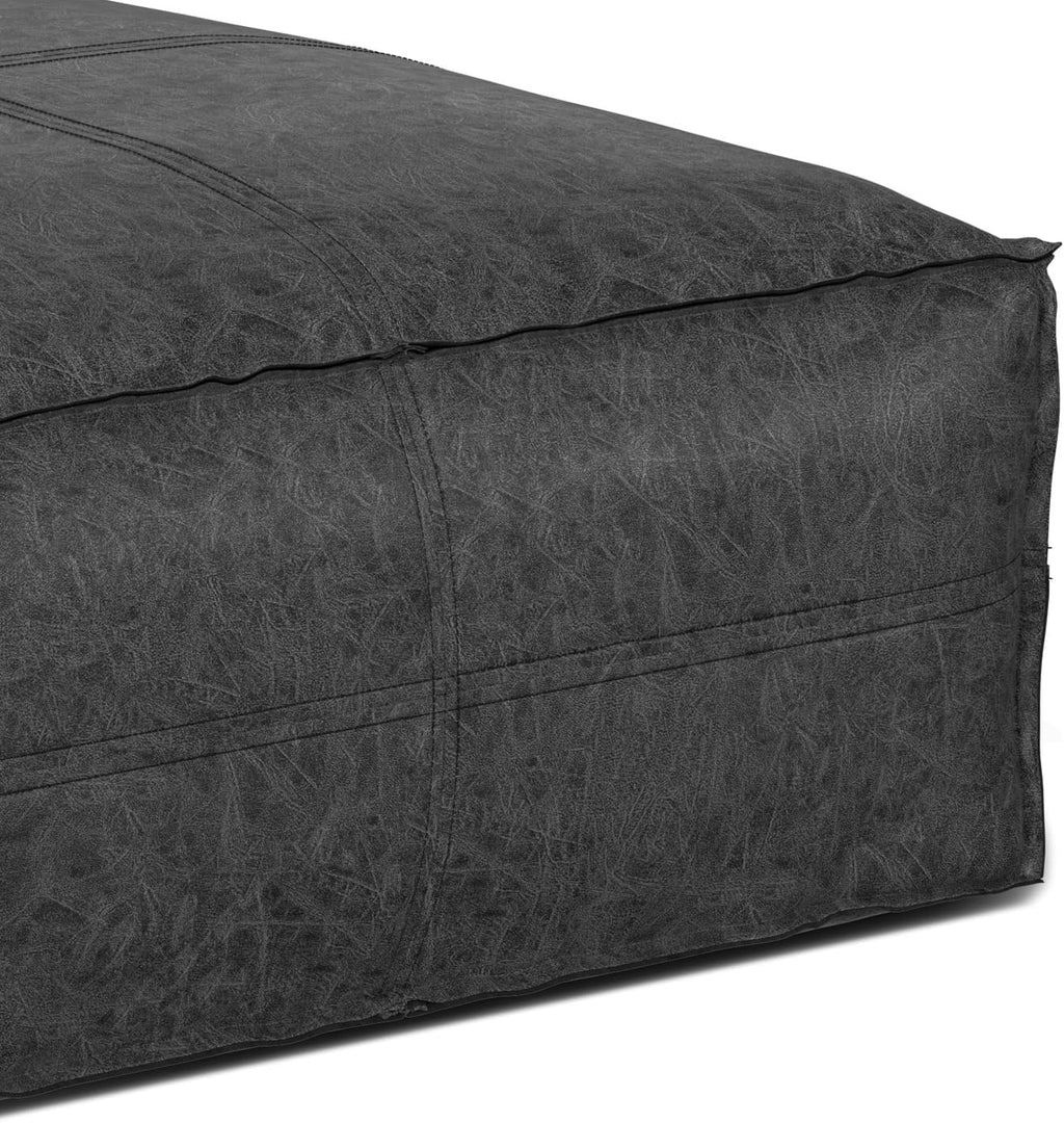 SIMPLIHOME Brody Boho Square Pouf in Distressed Black Vegan Faux Leather for the Living Room, Bedroom and Kids Room