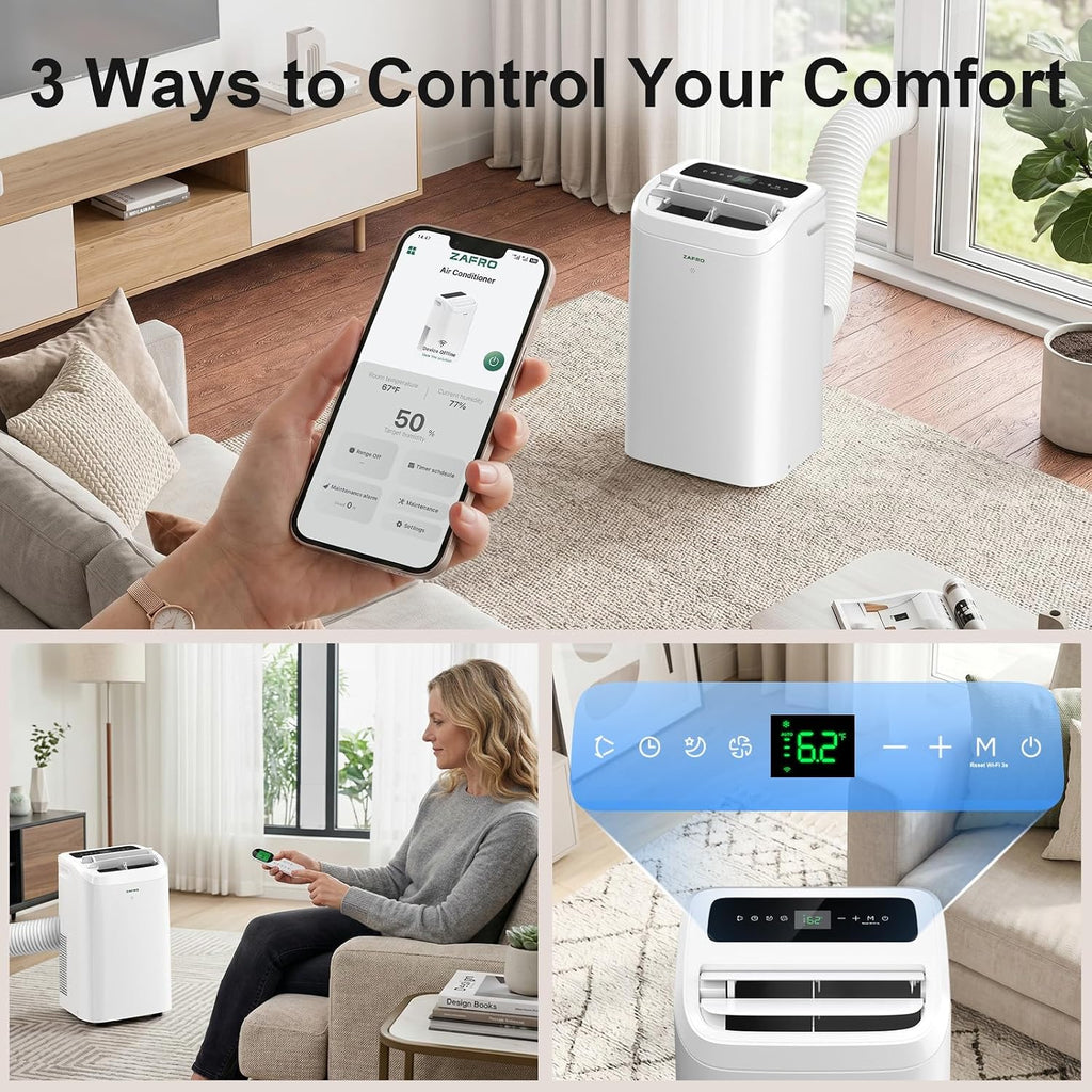 ZAFRO Portable Air Conditioner, 12050 BTU (8050 BTU SACC), Cools Rooms up to 500 Sq.Ft, Smart Portable AC Unit with Ultra-Quiet (44dB), Drainage-Free Cooling, Energy-Efficient, Easy Installation