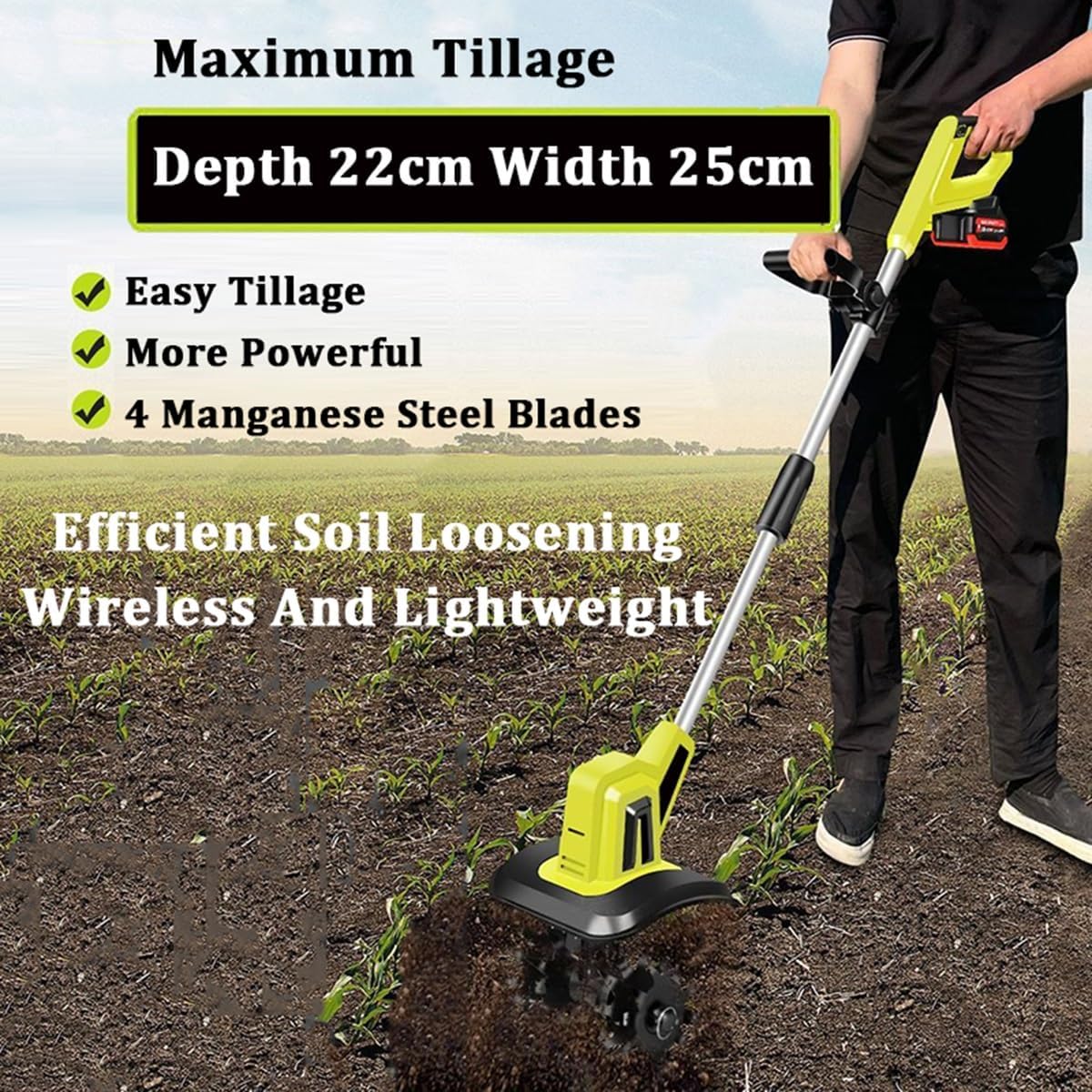 Electric Rotavator Garden Tiller, 20V Electric Cordless Tiller Cultivator with 12Ah Rechargeable Lithium Battery, Portable Soil Tiller Rotavator for Gardens,Vegetable Plots