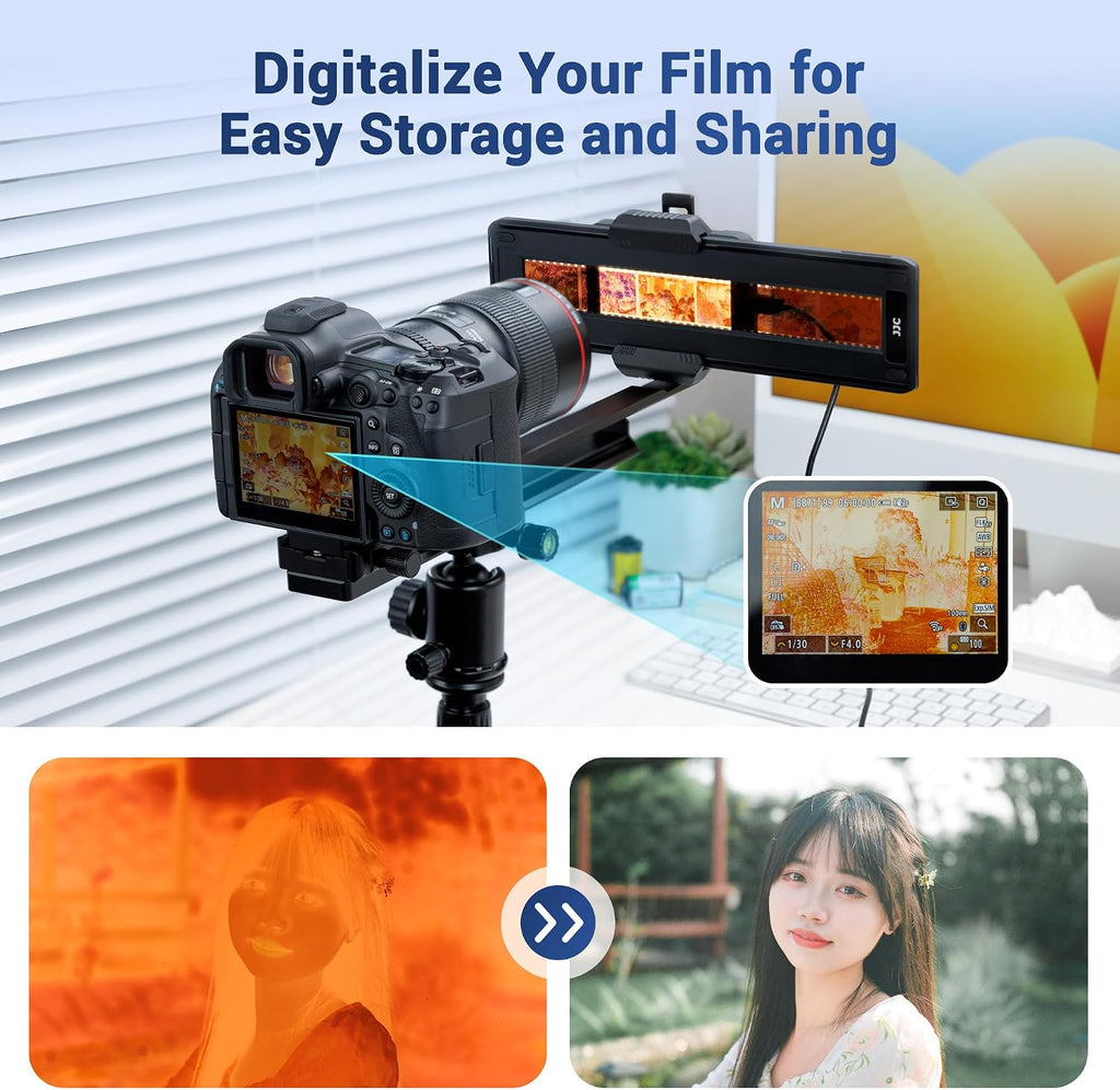 JJC Negative Film Digitizer with Durable Film Storage Pouch for 135 35mm Film, Negative to Digital Converter with Adjustable Brightness LED Backlight & Slider Rail