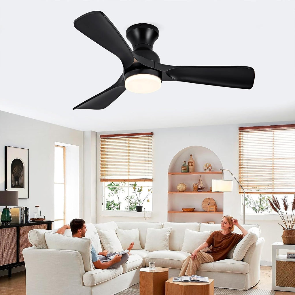 42 Inch Black Ceiling Fan with Lights Flush Mount Ceiling Fan with Remote Control, ABS Blades Outdoor Ceiling Fans for Bedroom,Farmhouse,Patio,Indoor, Quiet DC Motor