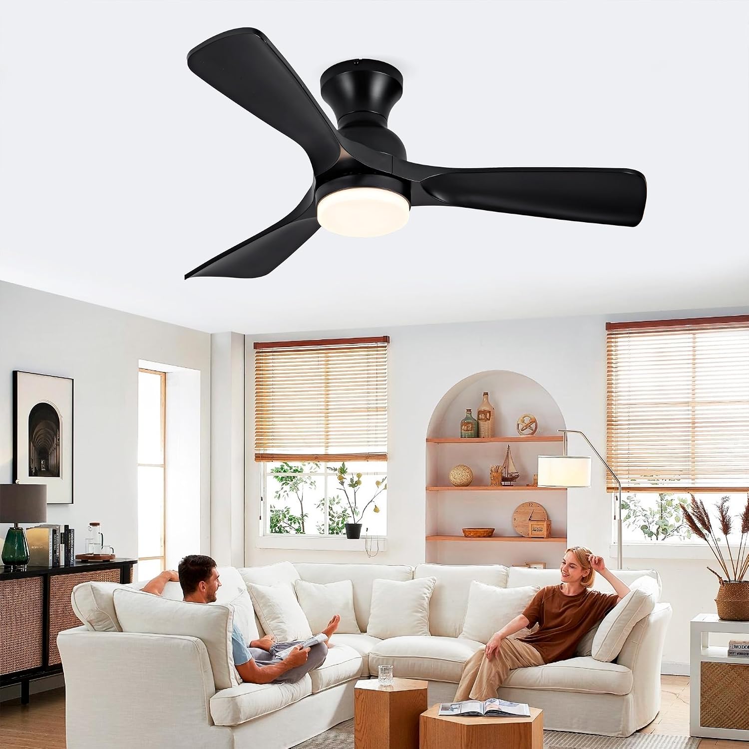 42 Inch Black Ceiling Fan with Lights Flush Mount Ceiling Fan with Remote Control, ABS Blades Outdoor Ceiling Fans for Bedroom,Farmhouse,Patio,Indoor, Quiet DC Motor