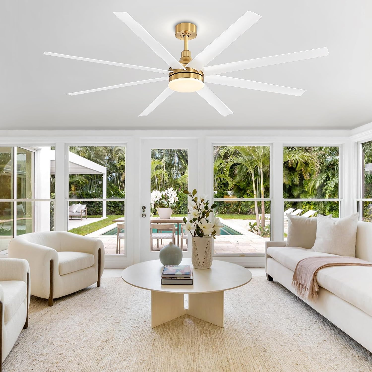 72 Inch Ceiling Fans with Lights and Remote, 8-Blade, Quiet Reversible DC Motor, 6-Speed, Timer Function, 3 Color Led Light Chandelier, Industrial Ceiling Fan for Bedroom Living Room (Gold & White)
