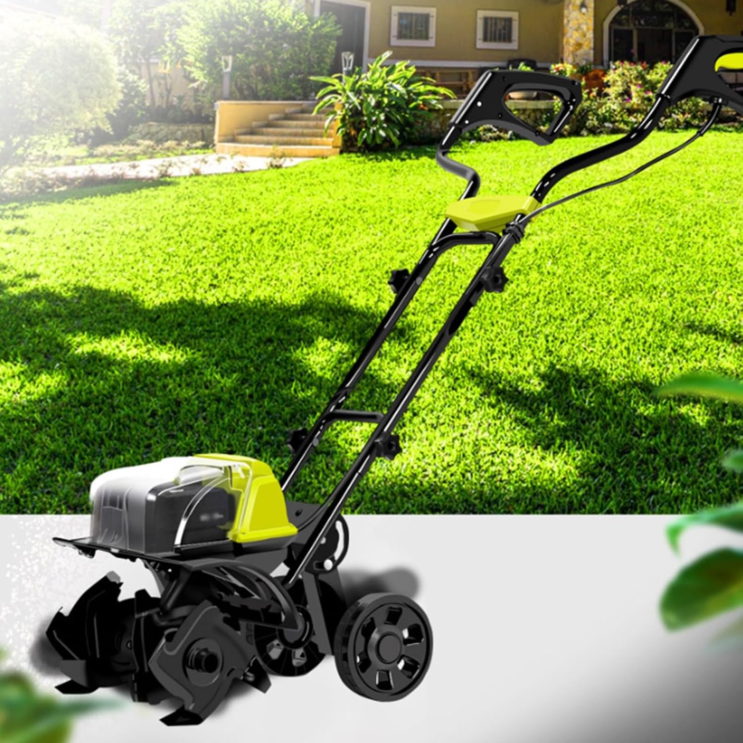 Garden Rototiller, 180 RPM Electric Tiller Cultivator with Safety Dual On/Off Switch, Dual-Assist Wheel, Cordless Electric Garden Tiller Cultivator for Lawn Orchard