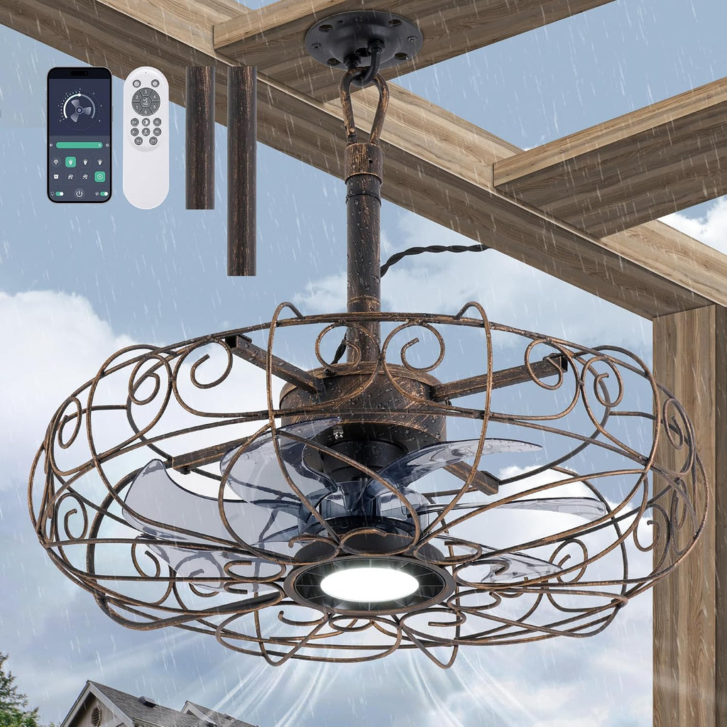 Outdoor Ceiling Fan for Gazebo 20',IP65 Waterproof Plug in Ceiling Fans with Lights and Remote/APP,3CCT 6-Speed Hanging Fan for Patios Porch Pergola(Bronze)
