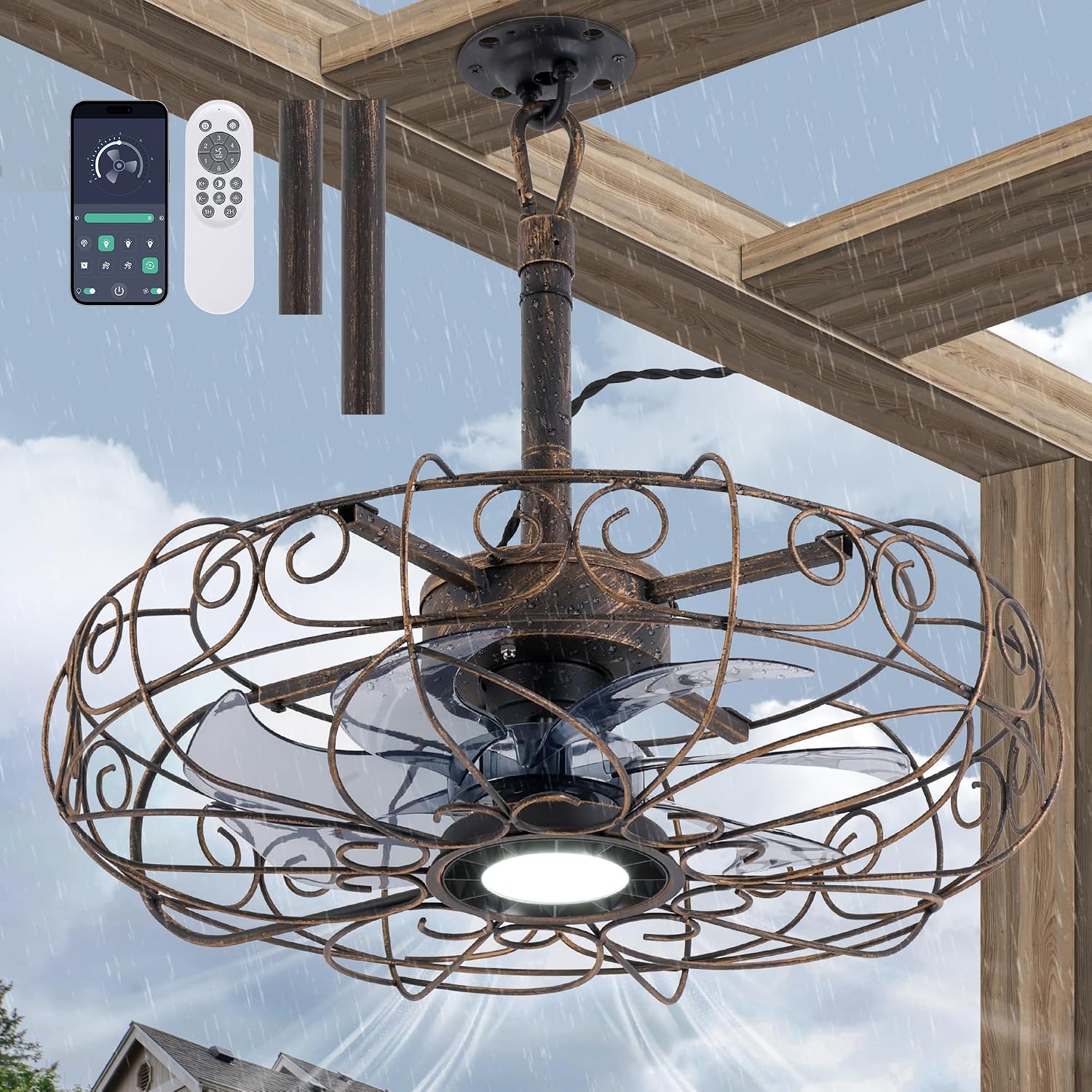 Outdoor Ceiling Fan for Gazebo 20',IP65 Waterproof Plug in Ceiling Fans with Lights and Remote/APP,3CCT 6-Speed Hanging Fan for Patios Porch Pergola(Bronze)