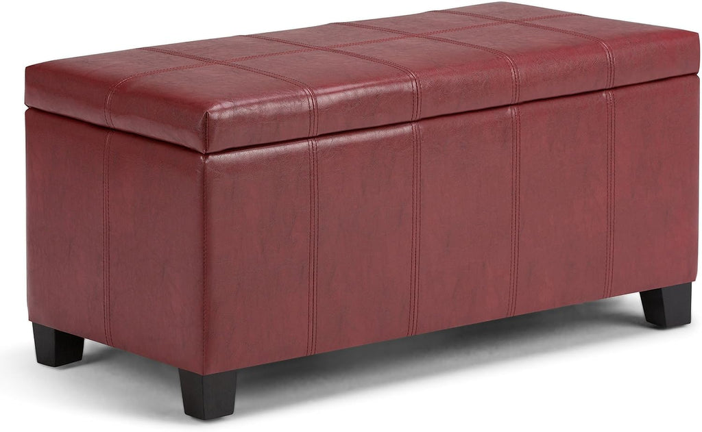 SIMPLIHOME Dover Storage Ottoman Bench - 36 inch Wide Upholstered Vegan Leather Rectangular Lift-Top Ottoman in Radicchio Red, Contemporary Bench for Living Room with Safety Hinges