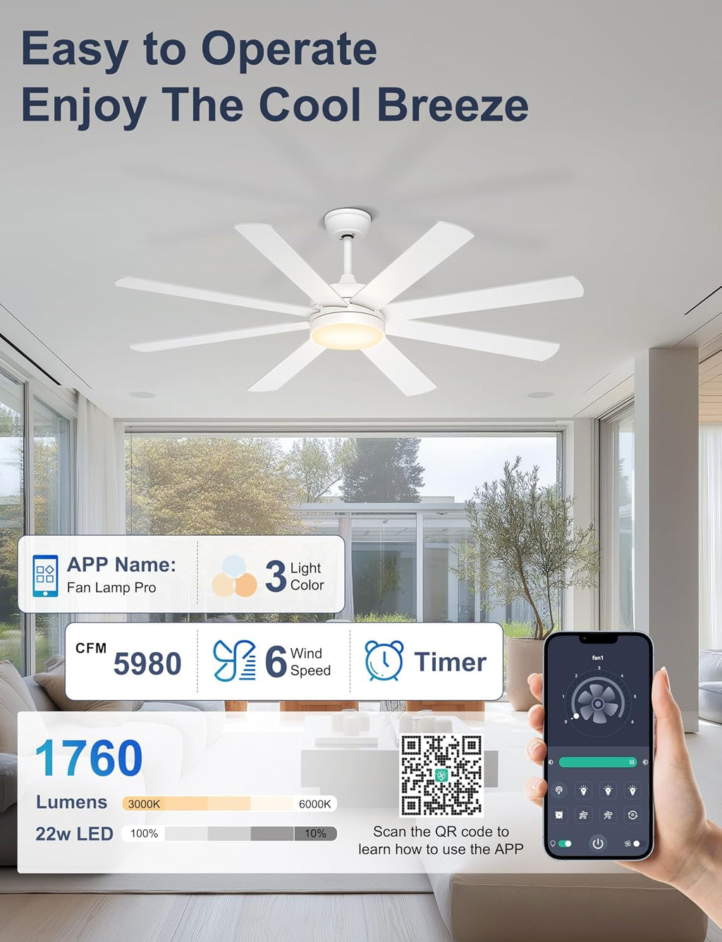 60 Inch Ceiling Fans with Lights - 8 Blades White Ceiling Fan Remote/APP Control, Dimmable, Reversible Ceiling Fan for Indoor/Covered Outdoor