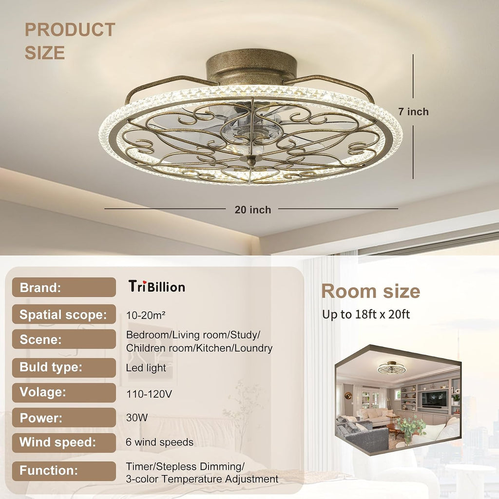 Low Profile Ceiling Fans with Lights Gold Crystal Chandelier Caged Fan Light Bedroom Fandeliers Flush Mount Ceiling Fan with Light for Girls Bedroom Living Room Kids Room