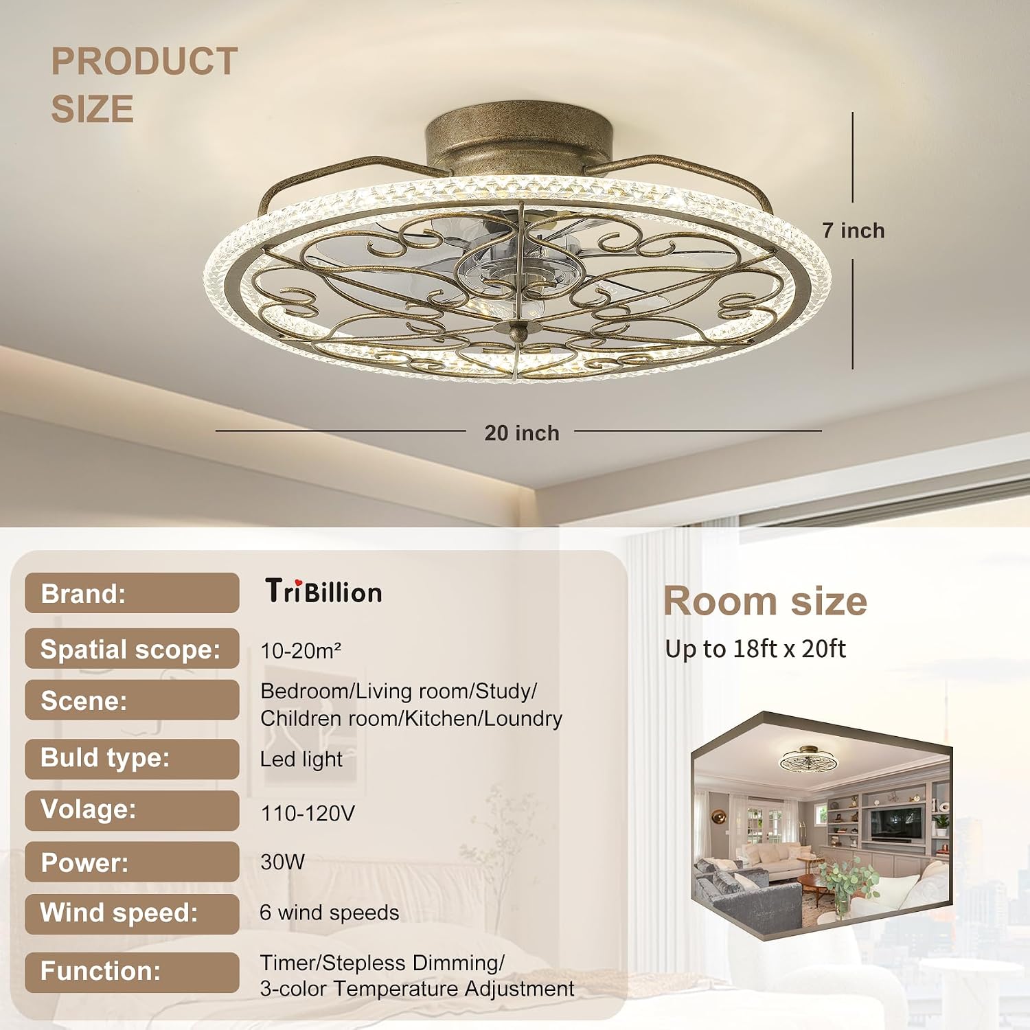 Low Profile Ceiling Fans with Lights Gold Crystal Chandelier Caged Fan Light Bedroom Fandeliers Flush Mount Ceiling Fan with Light for Girls Bedroom Living Room Kids Room