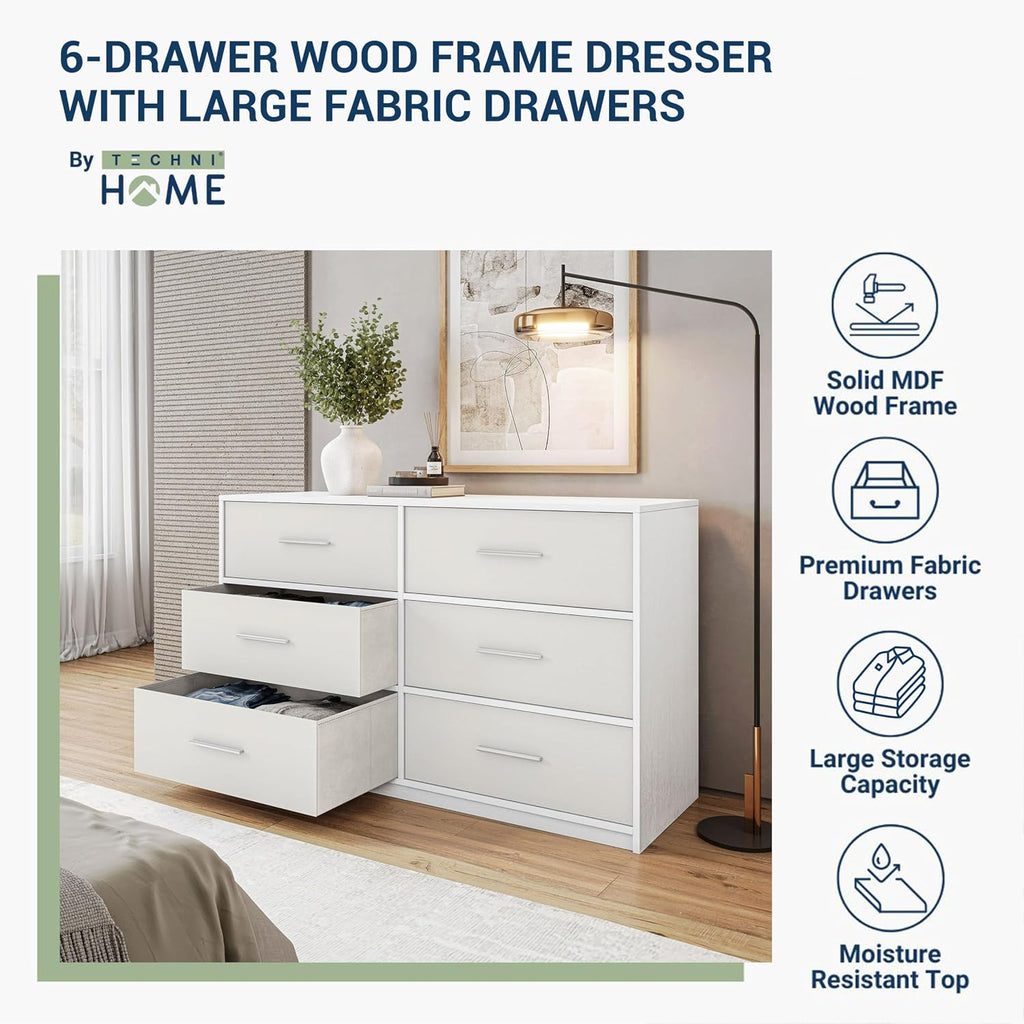 Modern 6-Drawer Dresser with Spacious Storage, Sturdy Wood Frame, Large Capacity Fabric Drawers, Dressers for Bedroom, Home Organization Storage for Living Room or Hallway, White