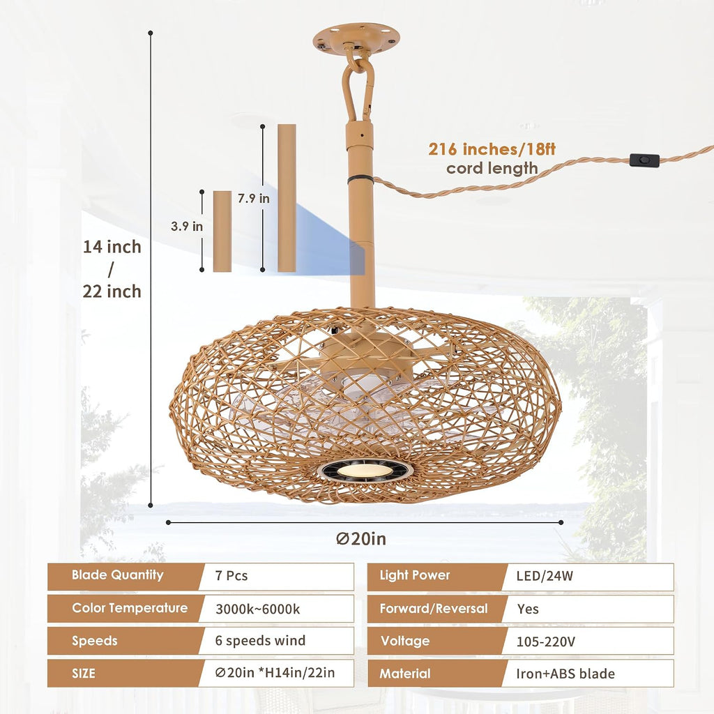 PAZALA 20' Outdoor Gazebo Fan with Light, Plug in Hanging Ceiling Fan for Covered Patio Pergola Porch, Remote & APP Control, 3CCT Dimmable LED, 6-Speed Reversible DC Motor, Brown Woven Caged Boho Fan