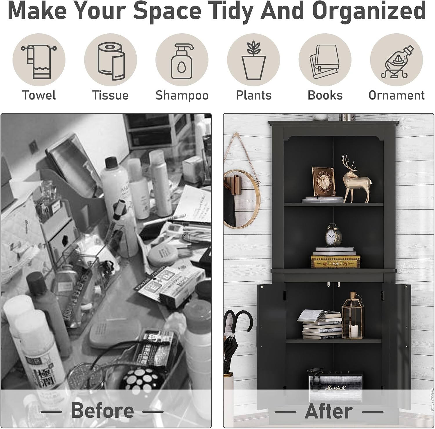 KEIKI 69.3' Corner Storage Cabinet with Round Edges, 2 Open Shelves and Door for Maximum Storage in Small Spaces, Stylish - Black