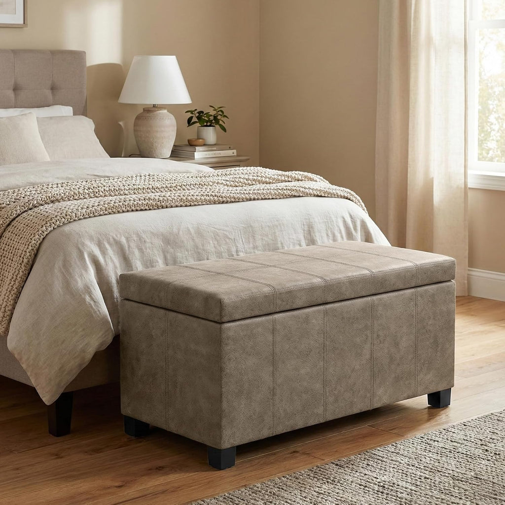 SIMPLIHOME Dover Storage Ottoman Bench - 36 inch Wide Upholstered Vegan Leather Rectangular Lift-Top Ottoman in Distressed Smoky Grey Brown, Contemporary Bench for Living Room with Safety Hinges