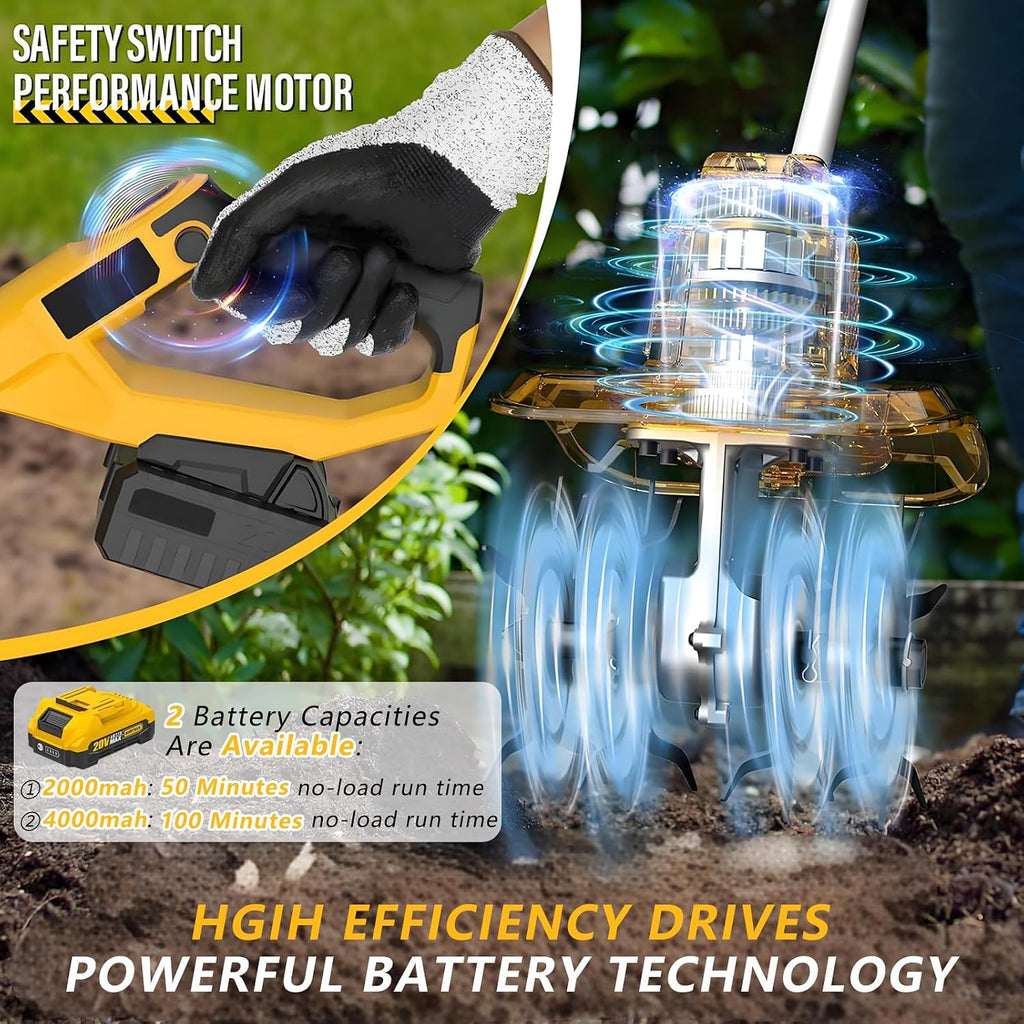20V Cordless Tiller Cultivator for Gardening,w/Charger + 2000mAh/4000mAh Power Supply,48 Steel Tines Electric Rototiller,for Vegetable Garden 2000mAh