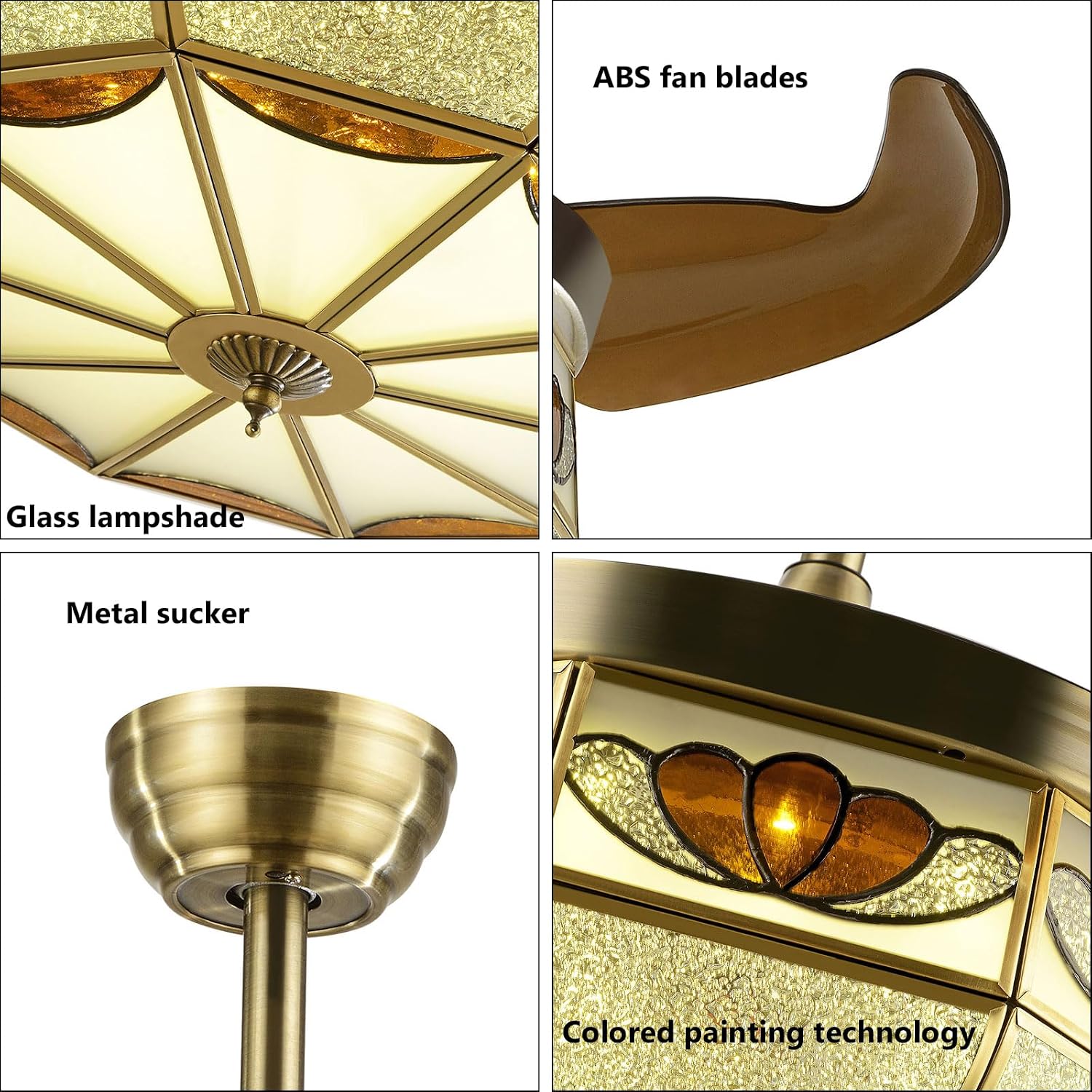 36' Vintage Retractable Ceiling Fan Light, Chandelier Fan with controller 3-Color Lighting 6-Speed Copper Glass Lampshade & Reverse Function for Bedroom Living Room (Bronze)