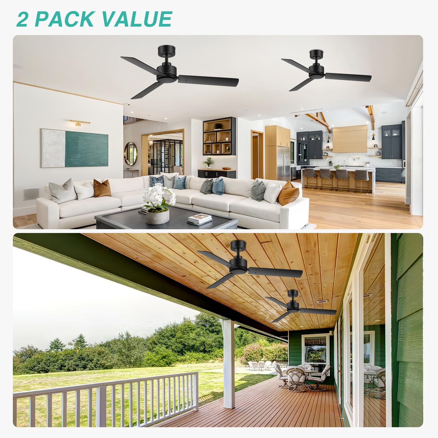 2 Pack 48 inch Ceiling Fans without Light, Black Ceiling Fan No Light with Quiet Reversible DC Motor, 6 Speeds, 3 Blades, Modern Ceiling Fans for Patio Living Room Bedroom Indoor