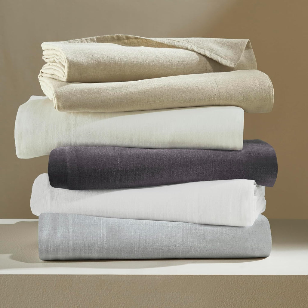 Superior Chloe 100% Cotton Percale Bed Sheet Set, 1 Flat Sheet, 1 Elastic Deep Pocket Fitted Sheet, 2 Pillowcases, Vintage Wash, Boho Chic Decor, Modern Bedroom Essentials, California King, Ivory