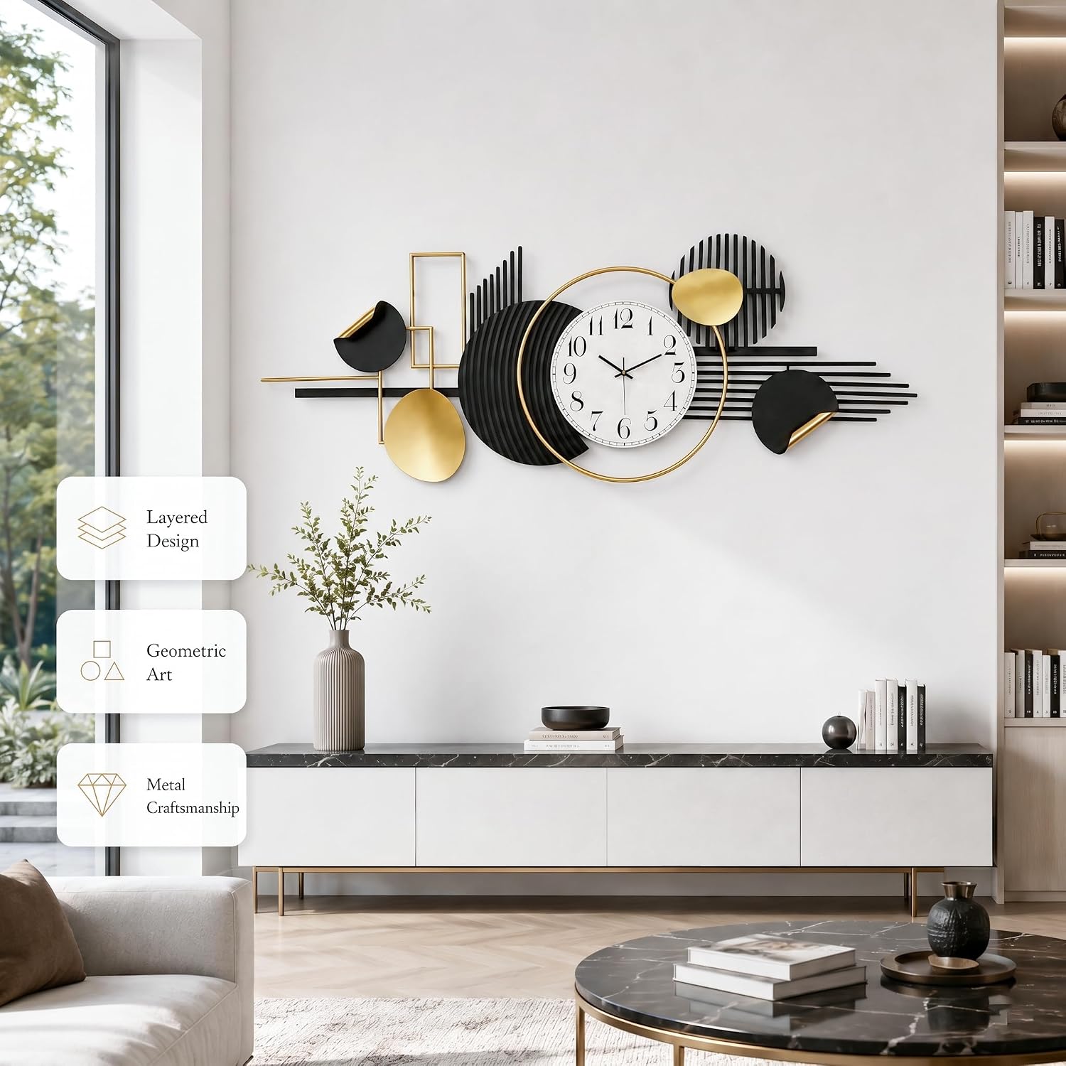 HAVFIFK 59' Large Metal Wall Clock,3D Silent Clock for Living Room | Layered Geometric Design, Easy to Install, Vertical or Horizontal Hanging Wall Art Decor for Bedroom, Dining Room, Office.