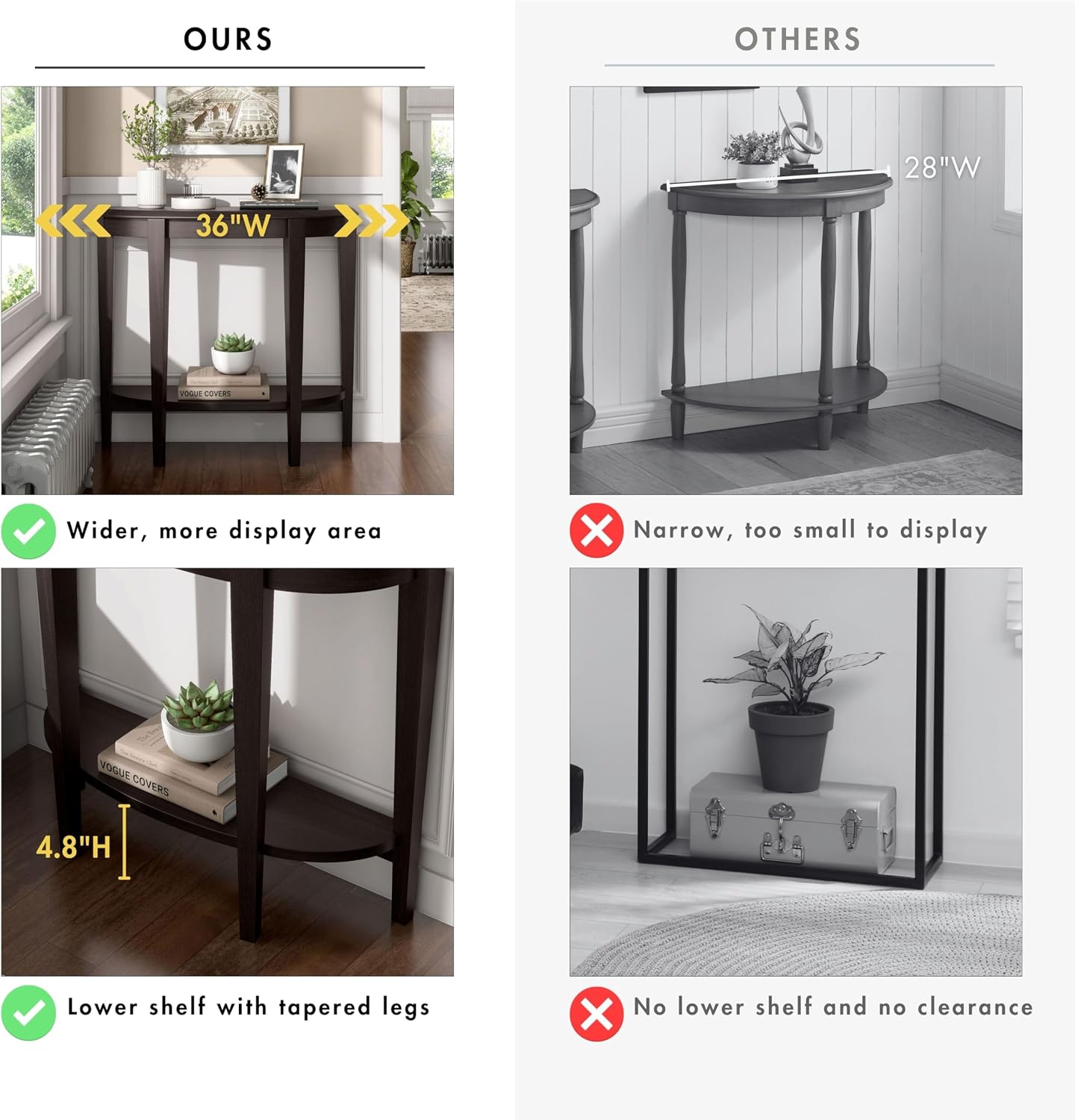 Homes: Inside + Out Payne Modern Half Moon Accent Console Table with Storage Shelf, Decorative Entryway Furniture for Living Room, Hallway, Entrance, Small Spaces, Cappuccino