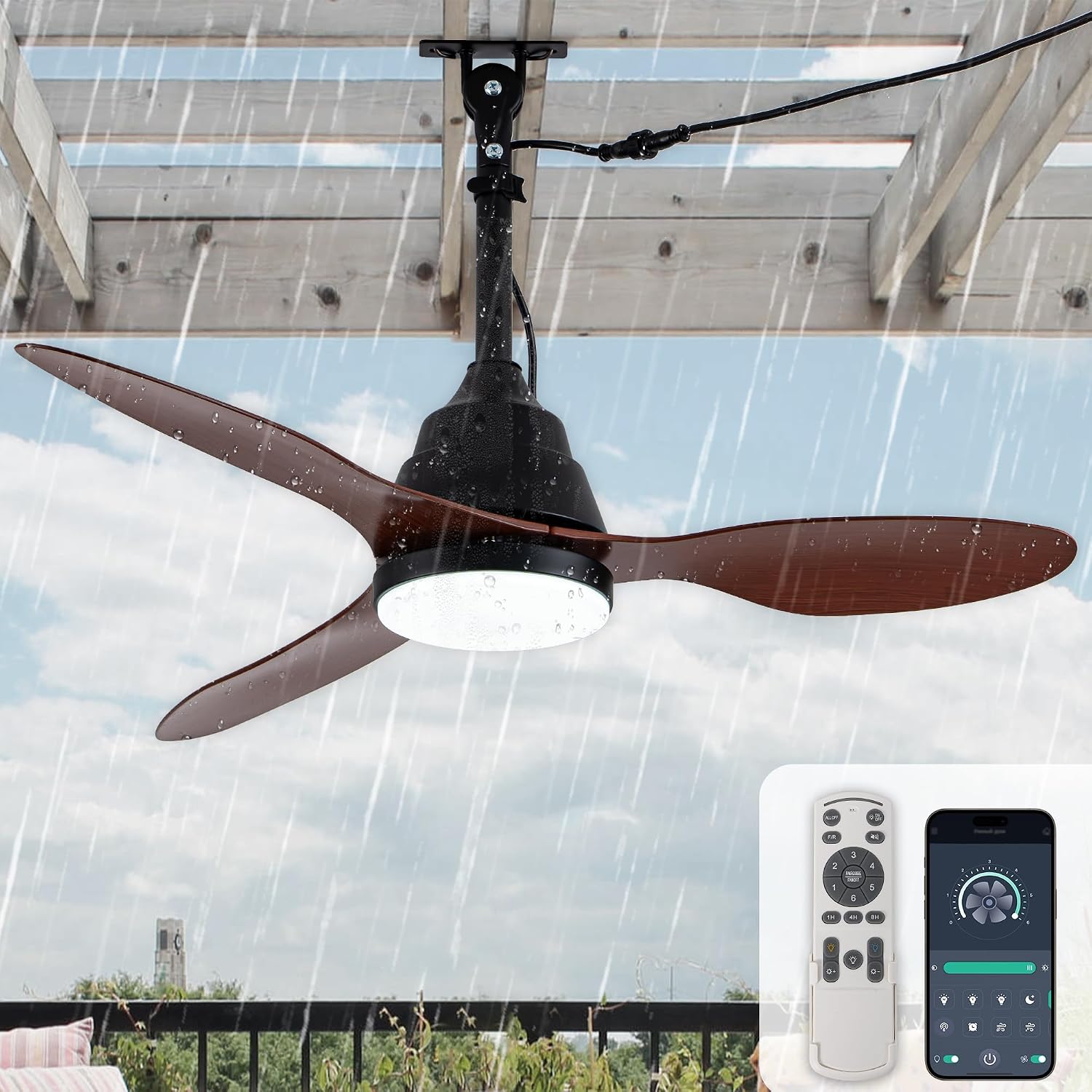 42' Outdoor Ceiling Fan with Light and Remote Control,Quiet DC Motor,3CCT 6-Speed,Plug-in Cord Hook Installation,IP65 Waterproof Gazebo Ceiling Fan with Light for Patios, Pergola, Canopy