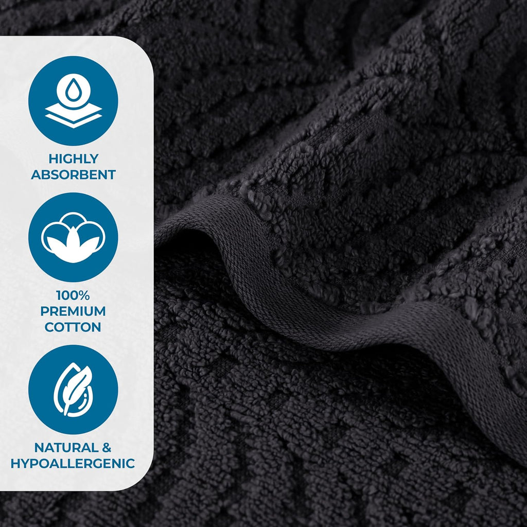 Superior Cotton Chevron 12 Piece Assorted Towel Set, Zero Twist, Quick Dry, Home Essentials, Shower, Spa, Luxury Plush Soft Absorbent Towels, Includes 4 Bath, 4 Hand, 4 Washcloth/Face Towels, Black