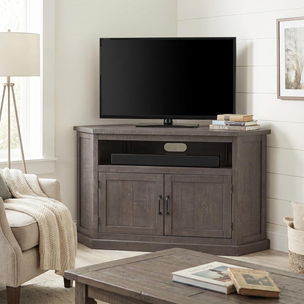 Martin Svensson Home Corner TV Stand - Grey Entertainment Center - Farmhouse Style - with Two Spacious Cabinets and Bottom Shelf for Storage