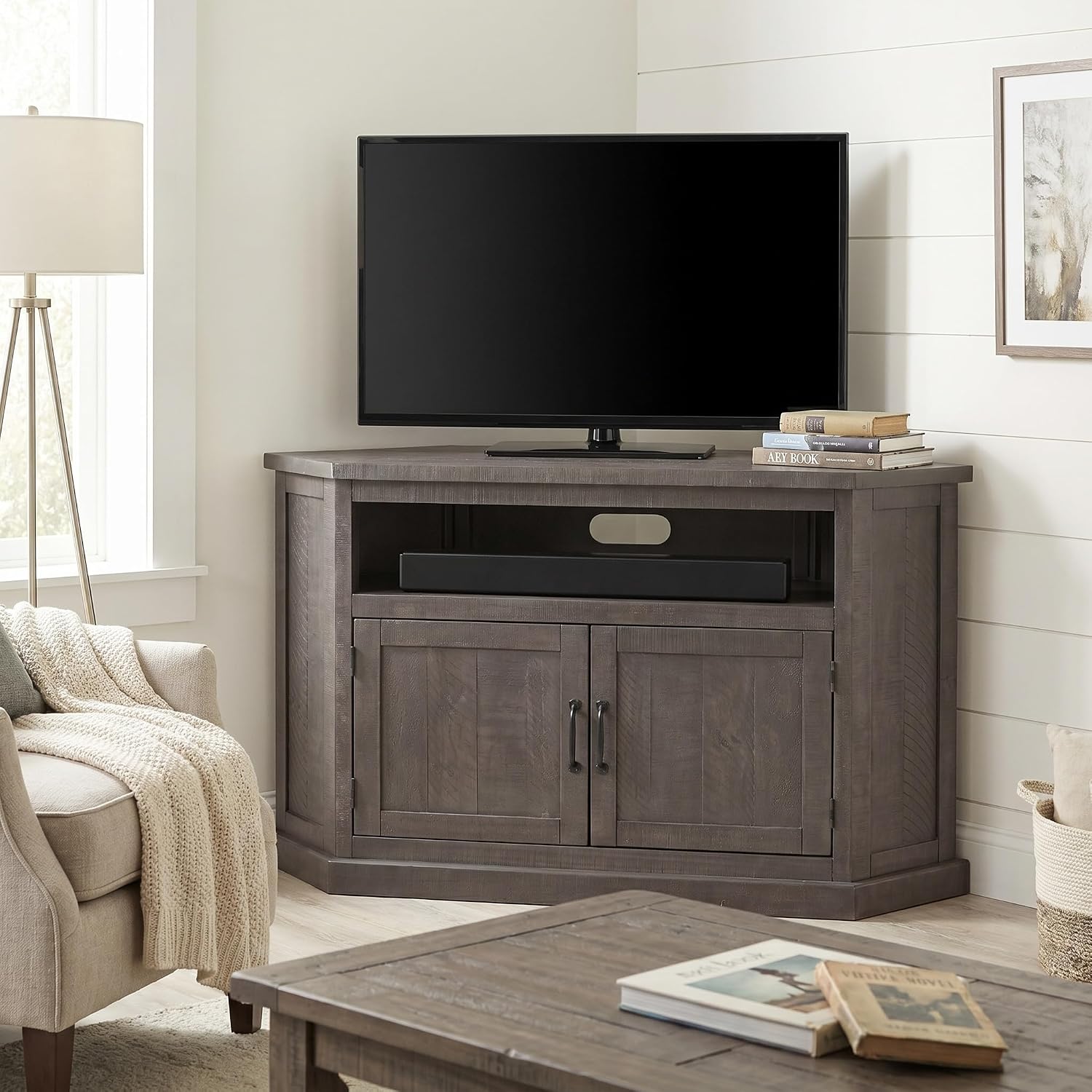 Martin Svensson Home Corner TV Stand - Grey Entertainment Center - Farmhouse Style - with Two Spacious Cabinets and Bottom Shelf for Storage
