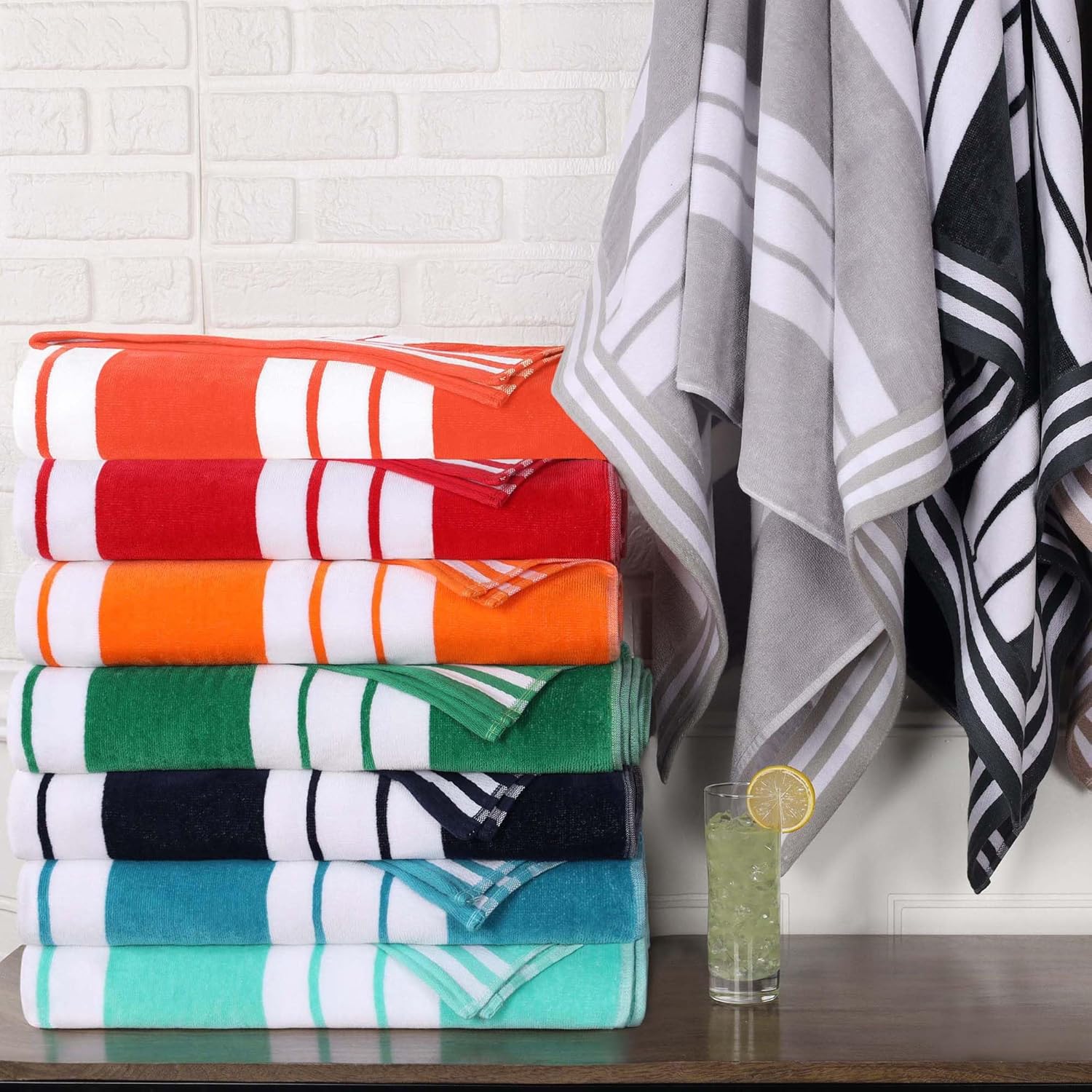 Superior Oversized Cotton Beach Towel Set of 6, Absorbent Towels for Bathroom, Beach, Pool, Swim, Adults, Kids, Vacation, Travel, Bath, Quick Dry Basics, Trip Essentials, Striped Decor, Light Grey