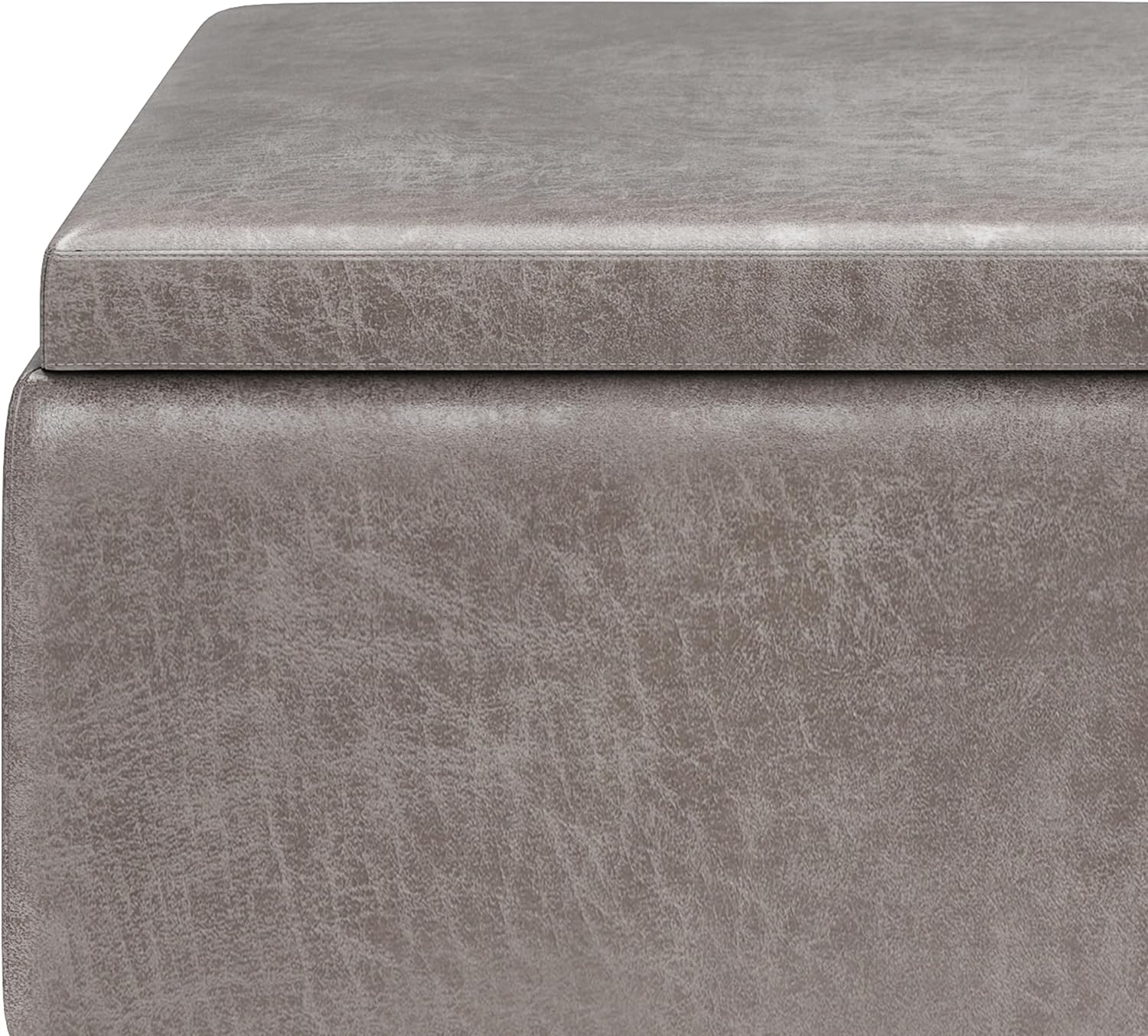 SIMPLIHOME Owen Tray Top Small Coffee Table Storage Ottoman - 34 inch Wide Upholstered Vegan Leather Rectangular Flip-Top Ottoman in Distressed Grey, Mid-Century Modern Ottoman for Living Room
