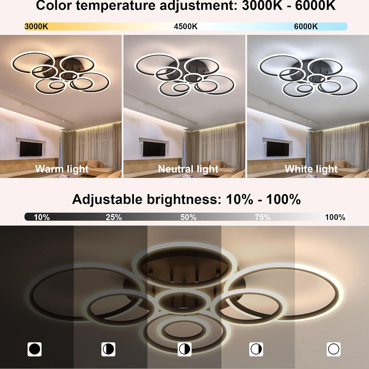 Modern LED Ceiling Light 41inch with Remote Dimmable 8 Ring Flush Mount Ceiling Light Fixture for Living Room Bedroom Kitchen Dining Room (Black)