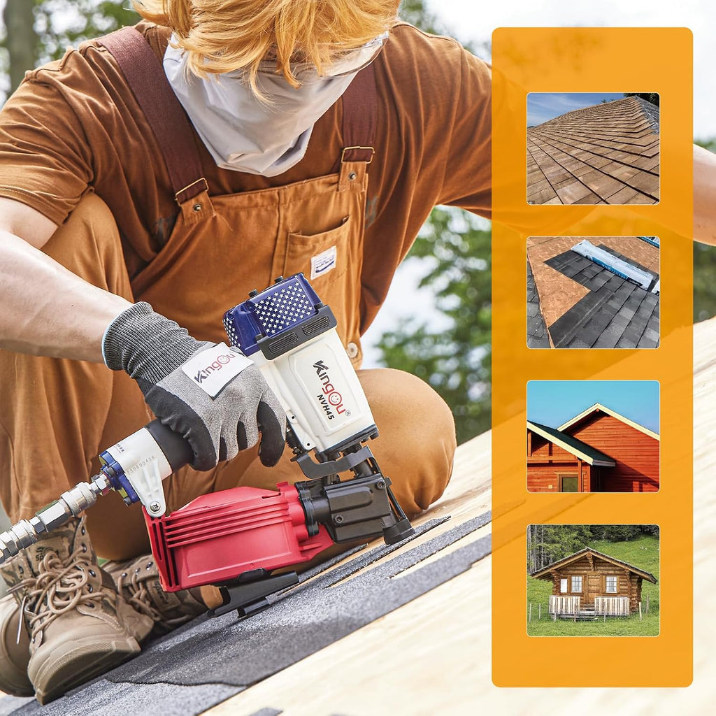 Kingou American Style NVH45 Roofing Nail Gun for Roofing Constructions Accepts 7/8-Inch to 1-3/4-Inch Nails 15 Degree With 3/8 NPT Air Connector 120-pcs Load Capacity Roofing Nailer